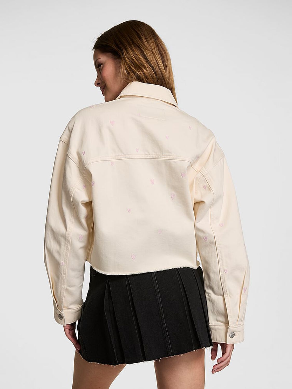 vs Pink Denim by PINK Cutoff Shacket Winter White Hearts 2 of 3 