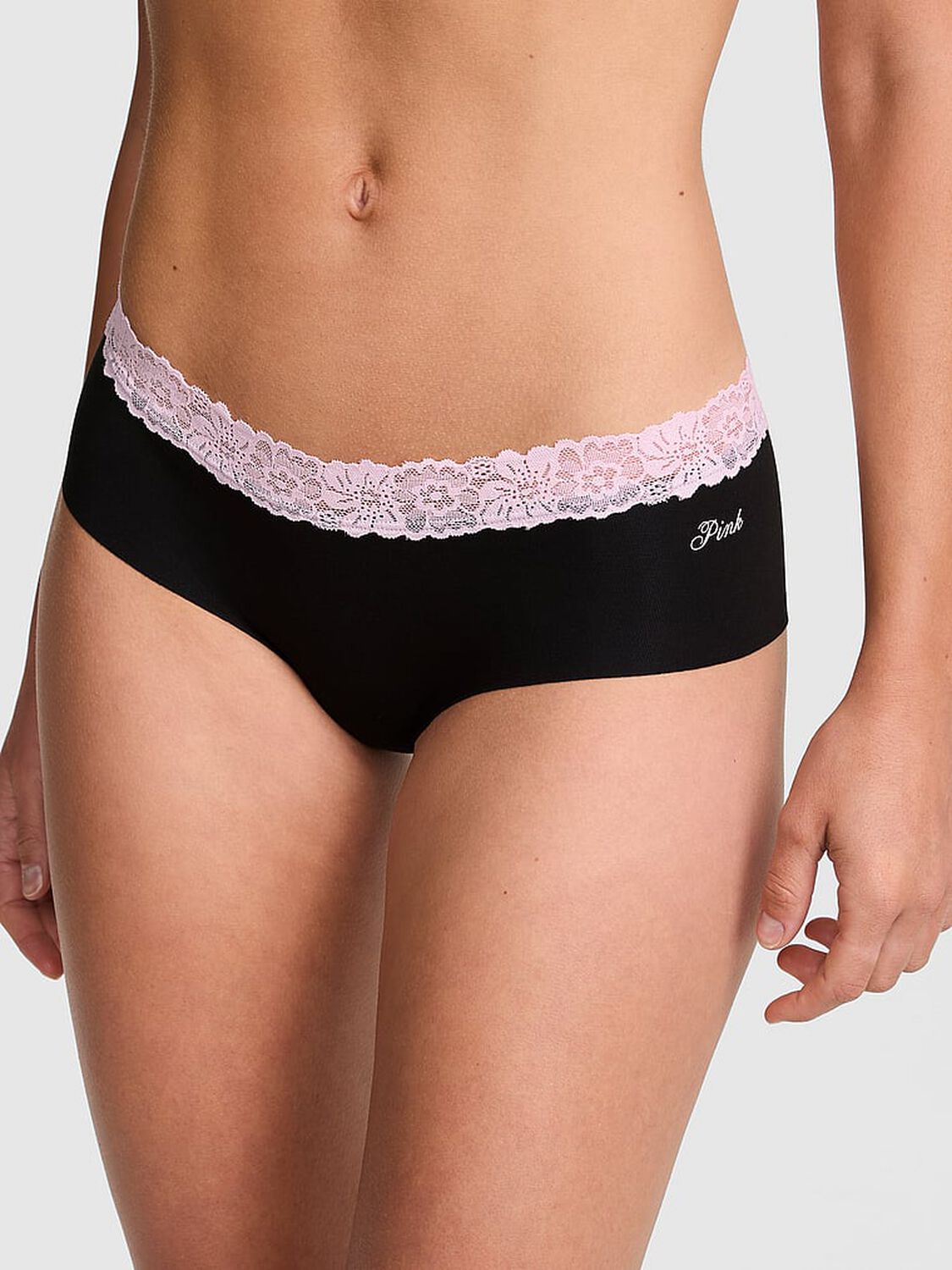 vs Pink No-Show Cotton Cheeky Panty Black W/ Pink Tulip Lace Trim 1 of 3 
