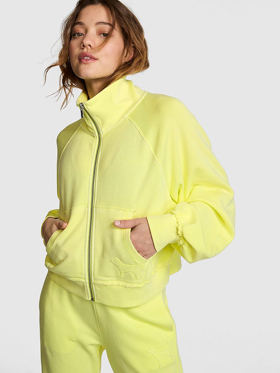 vs Pink Campus Terry&trade; Mock-Neck Full-Zip Sweatshirt Lime Citron 1 of 3 