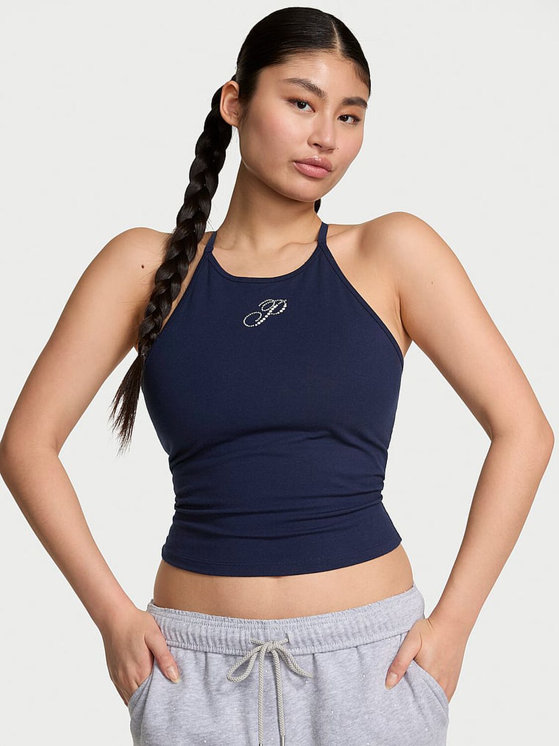 vs Pink All-Day Cotton High-Neck Bra Tank Noir Navy Pearl 1 of 2 