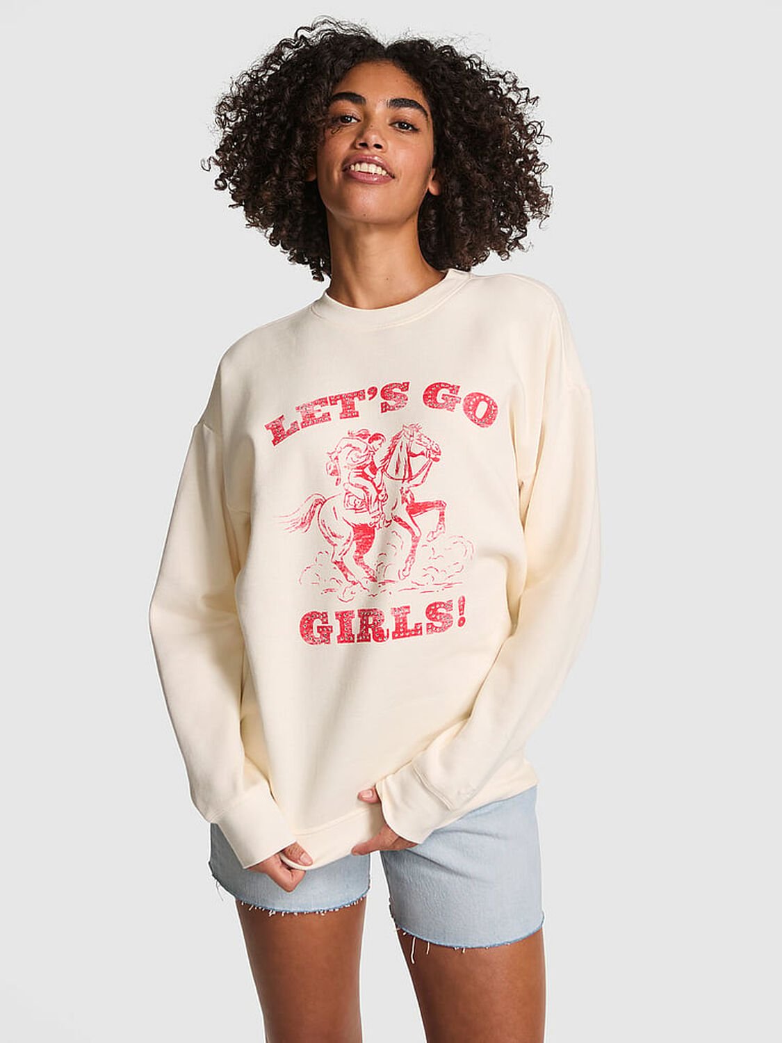 vs Pink Ivy Fleece Oversized Crew Sweatshirt Winter White Lets Go Girls Bling 1 of 3 