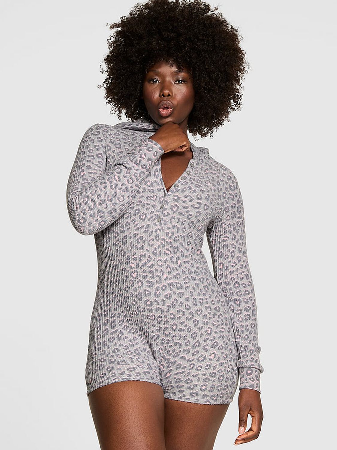 vs Pink Waffle Knit Long-Sleeve Short Onesie Silver Leo 1 of 3 