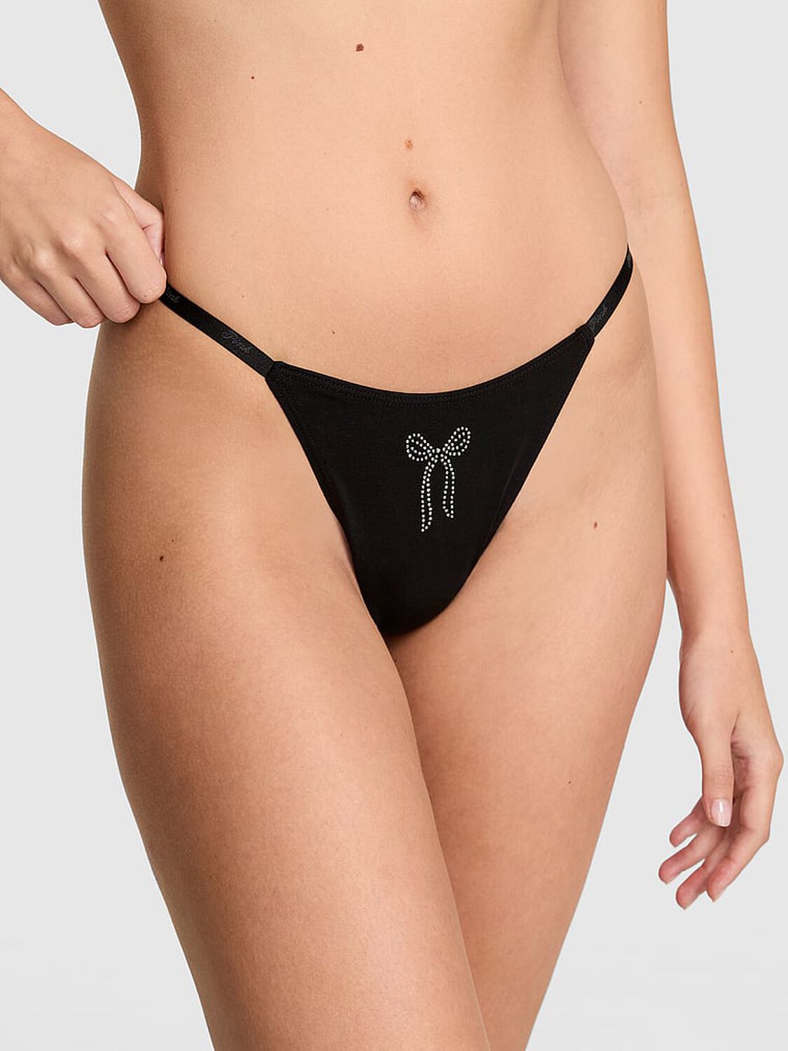 vs Pink Logo Cotton Scoop Thong Panty Black 1 of 2 