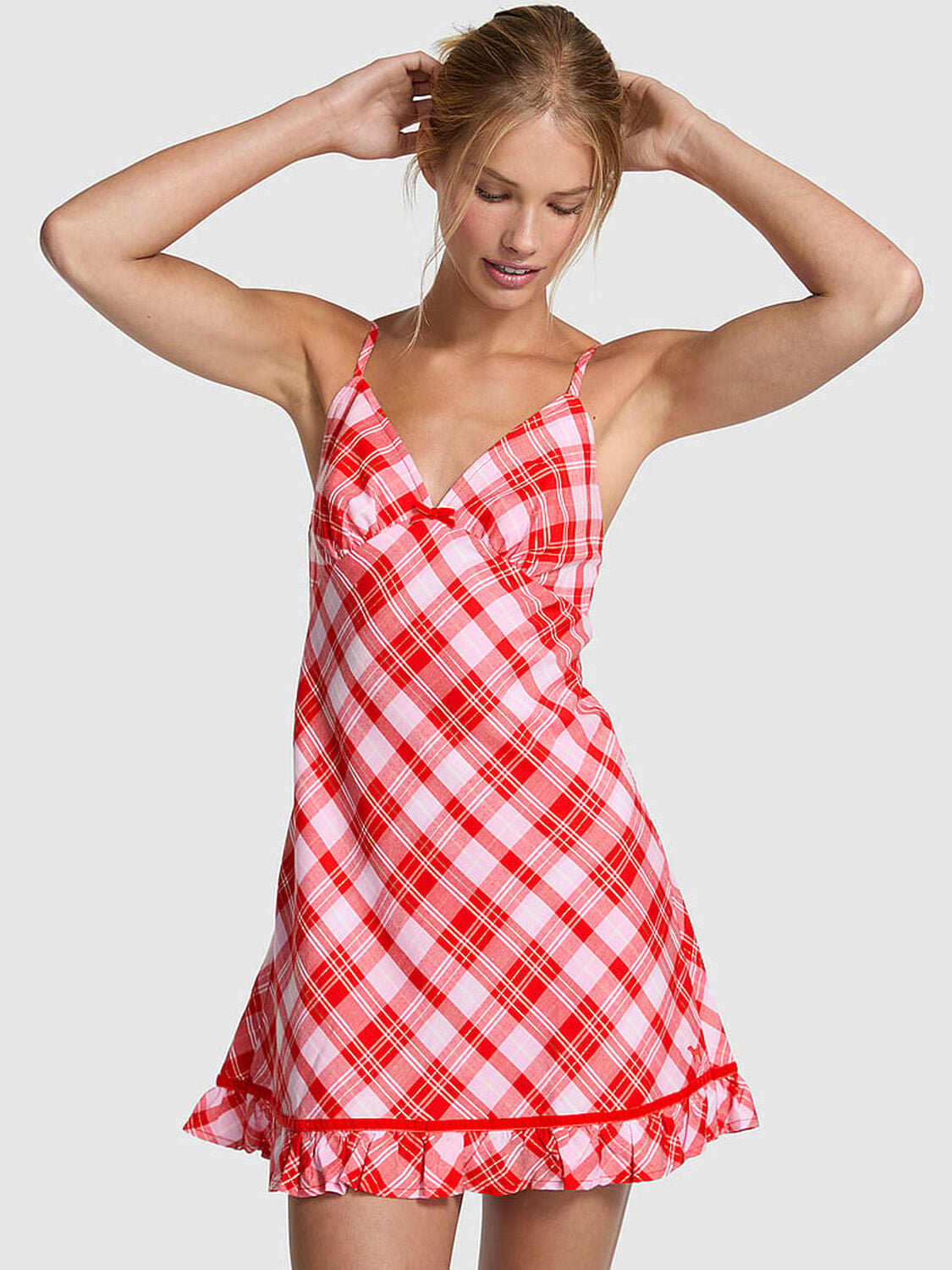 pink Pink Flannel Sleep Dress Bright Vermillion/Pink Plaid 1 of 2 