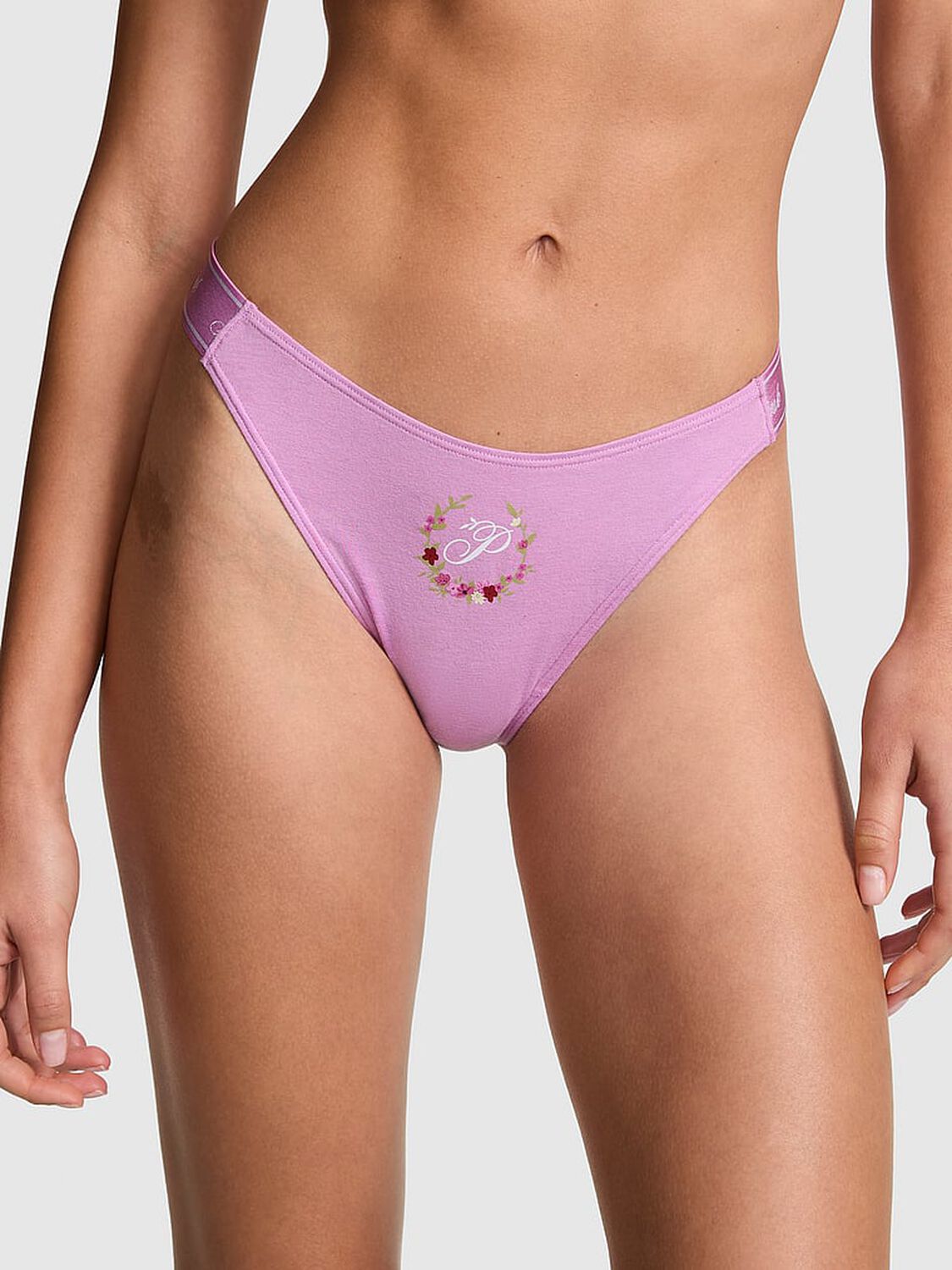 vs Pink Logo Cotton Shine High-Leg Thong Panty Lt Lilac With P Laurel Graphic 1 of 3 