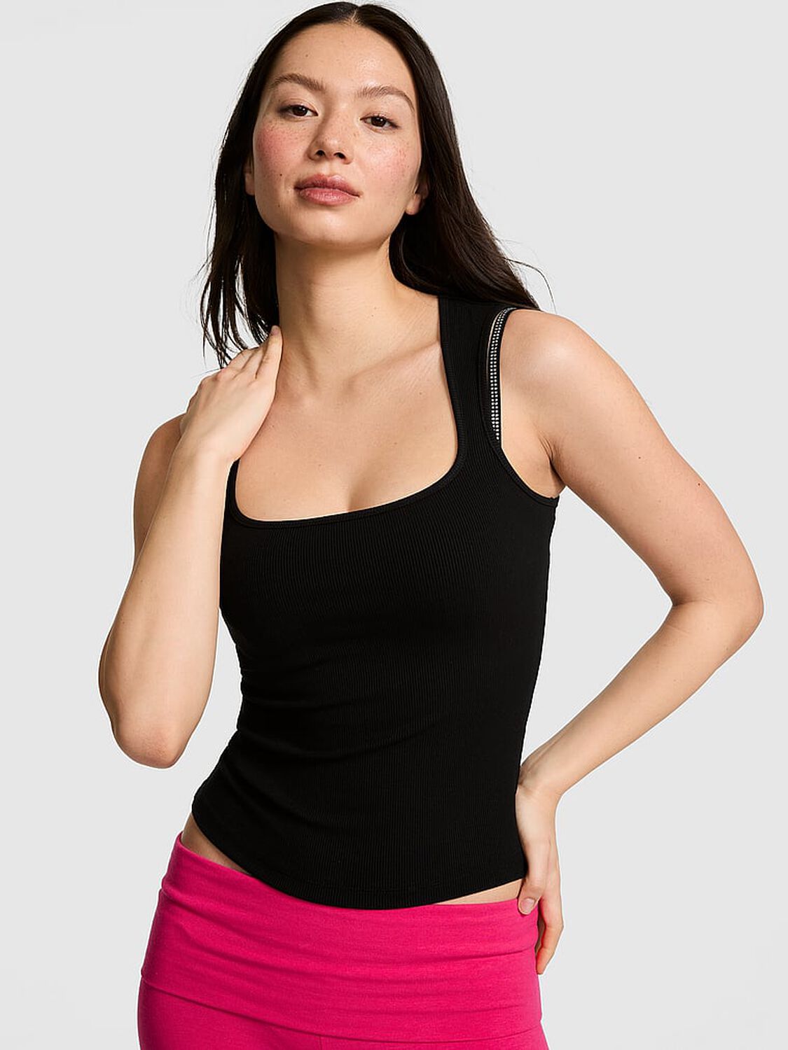 vs Pink All-Day Soft Rib Square-Neck Tank Top Pure Black 1 of 3 