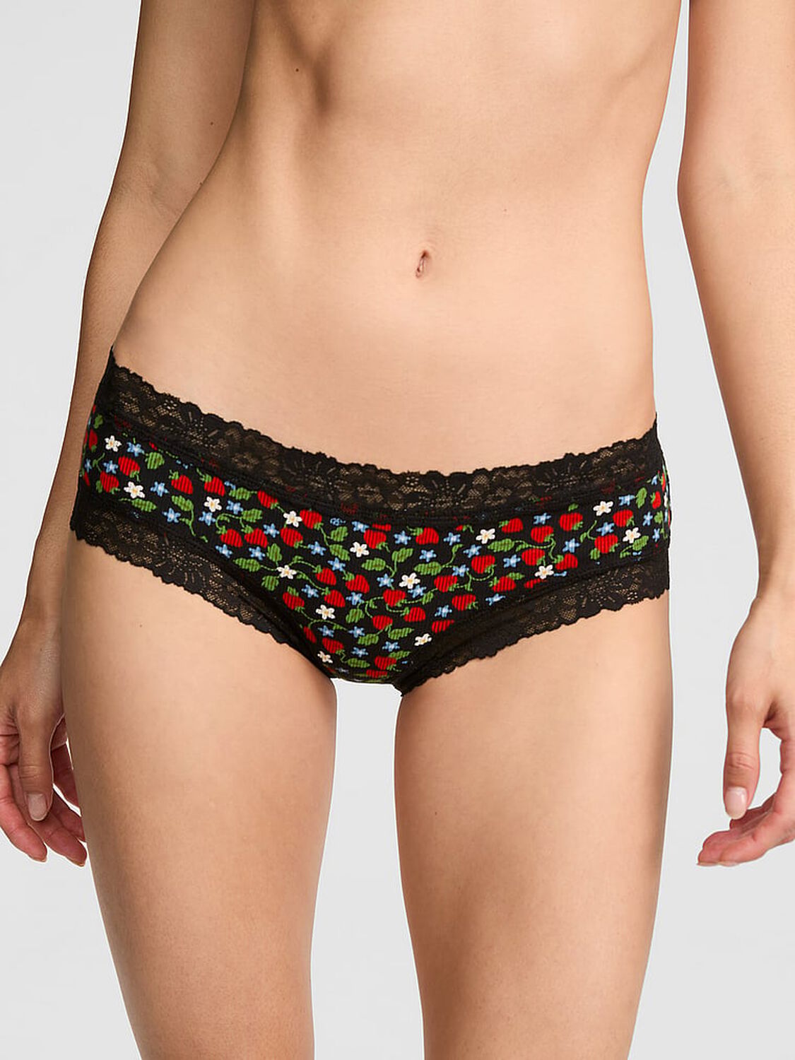 vs Pink Cotton Lace Trim Cheeky Panty Black Strawberry 1 of 3 