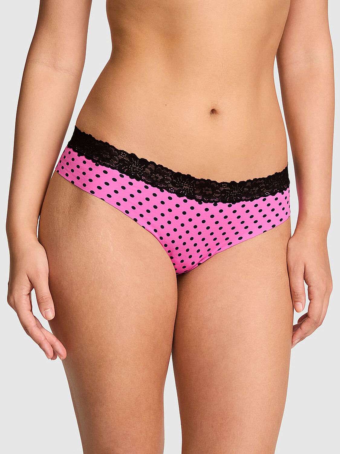 vs Pink No-Show Cotton Thong Panty Sizzling Strawberry And Black Dot 1 of 3 