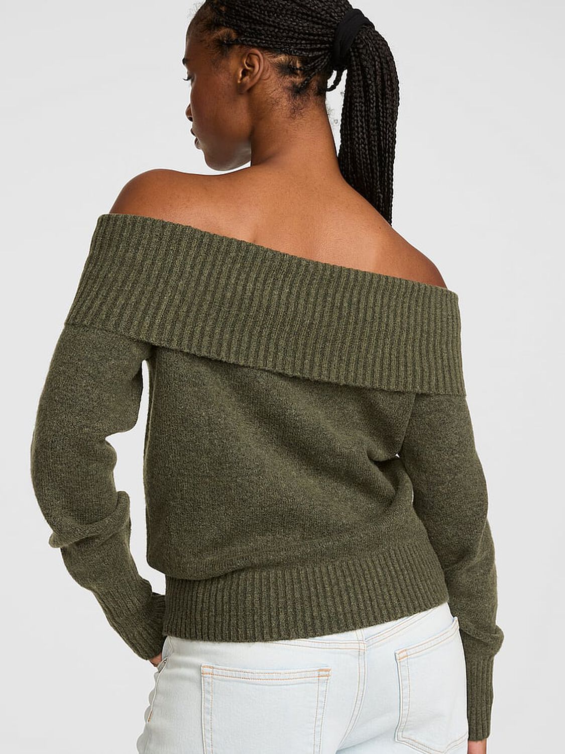 vs Pink Comfy Girl Oﬀ-The-Shoulder Foldover Sweater Artichoke 2 of 2 