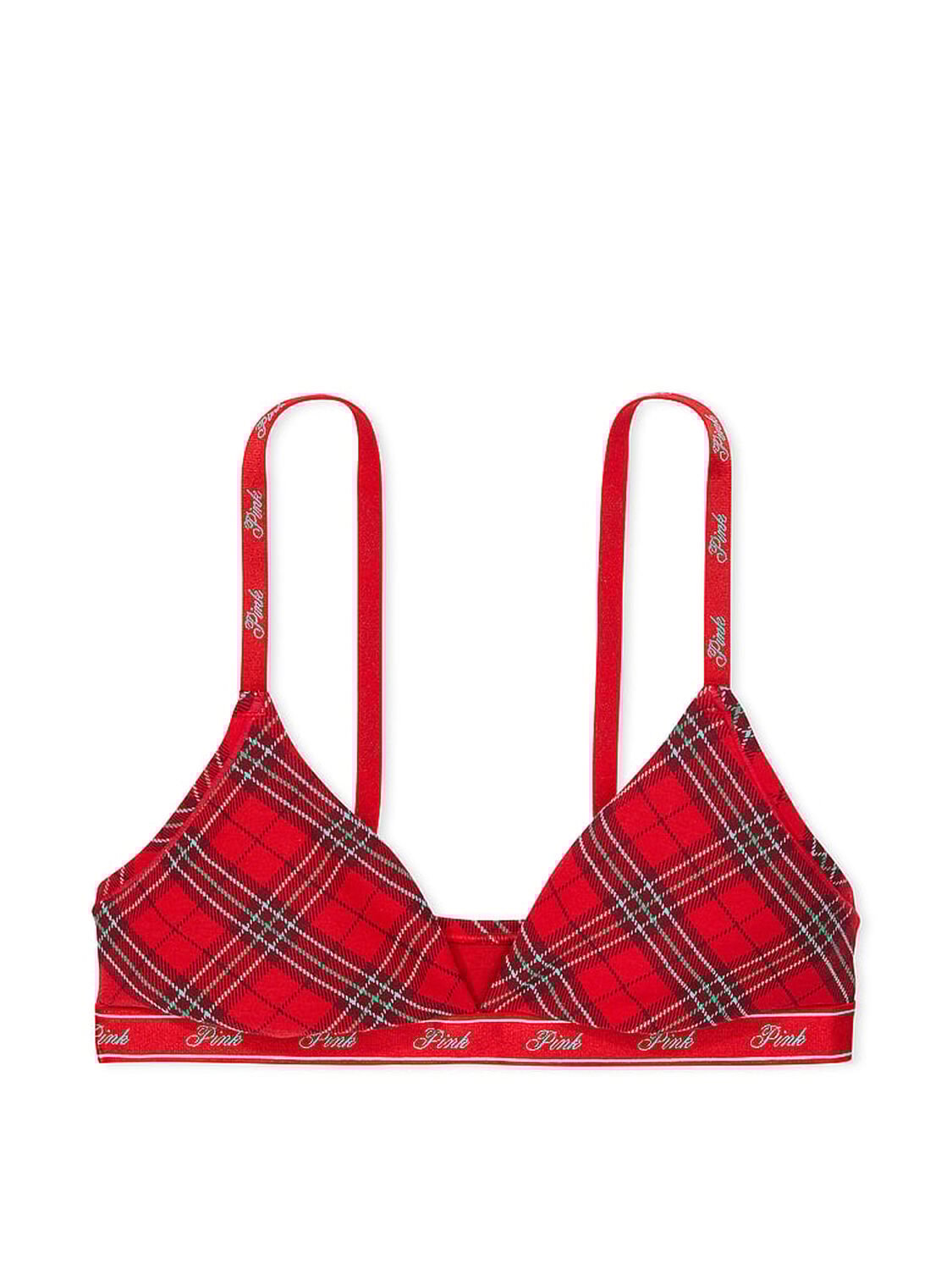 vs Pink Bralettes & Bra Tops Logo Cotton Triangle Bralette Red Plaid Print 1 of 3 