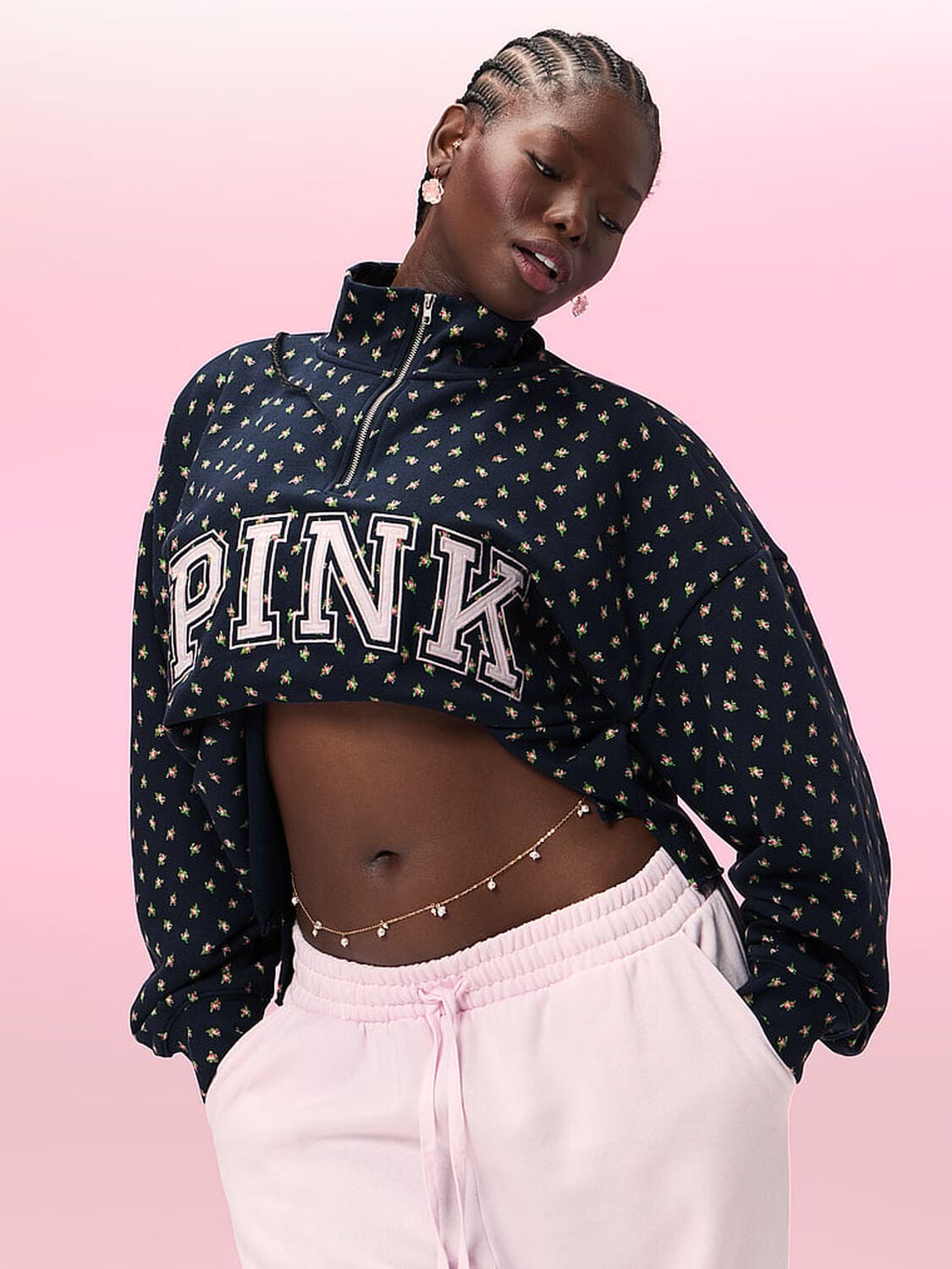 vs Pink Campus Fleece&trade; Quarter-Zip Straight-Cut Sweatshirt Noir Navy Fresh Florals 4 of 4 