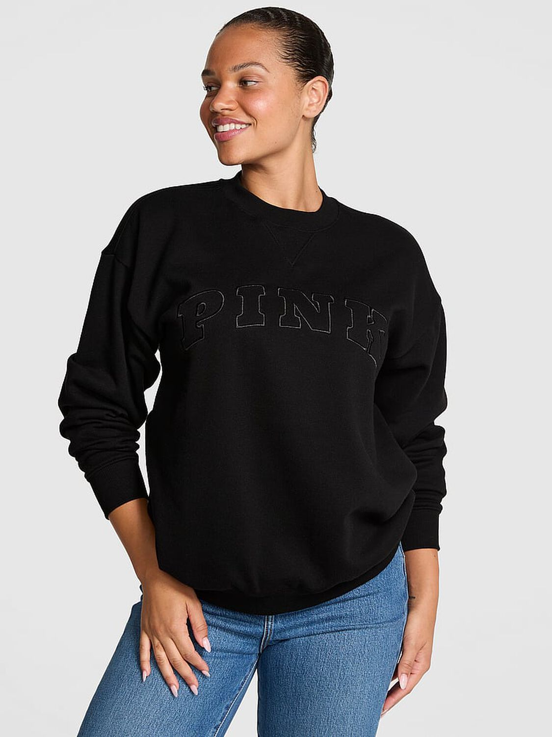 vs Pink Ivy Fleece Oversized Crew Sweatshirt Pure Black Holiday 1 of 2 