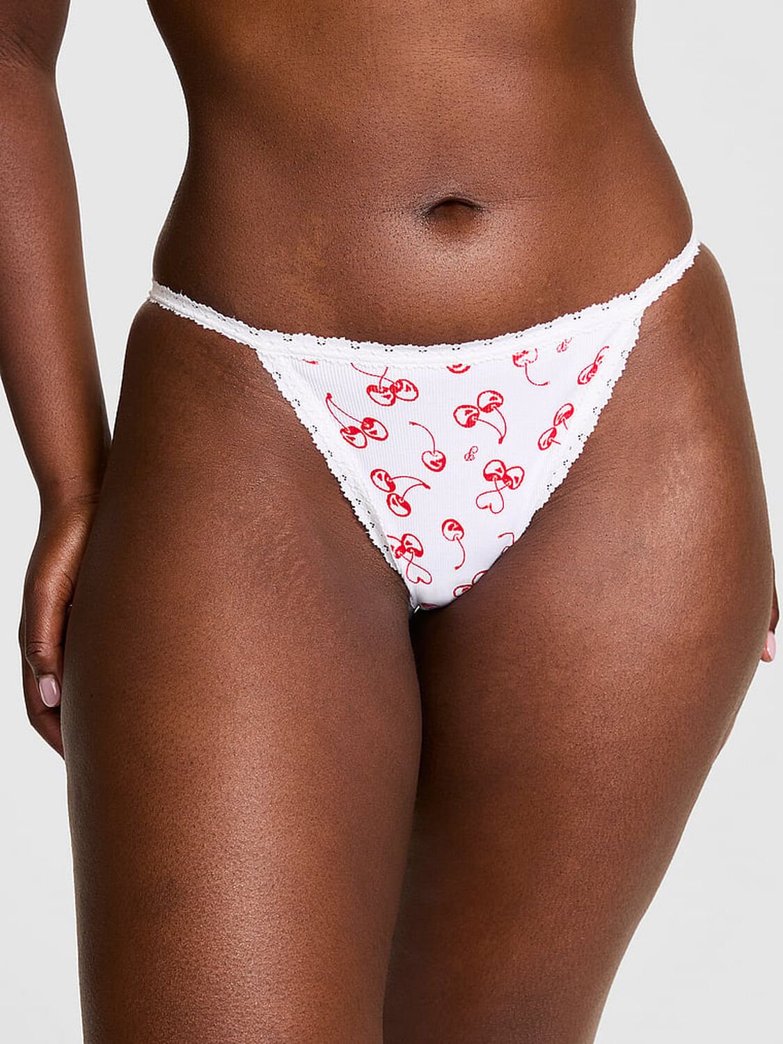 vs Pink Wink Lace-Trim String Bikini Panty White Cherry 1 of 3 