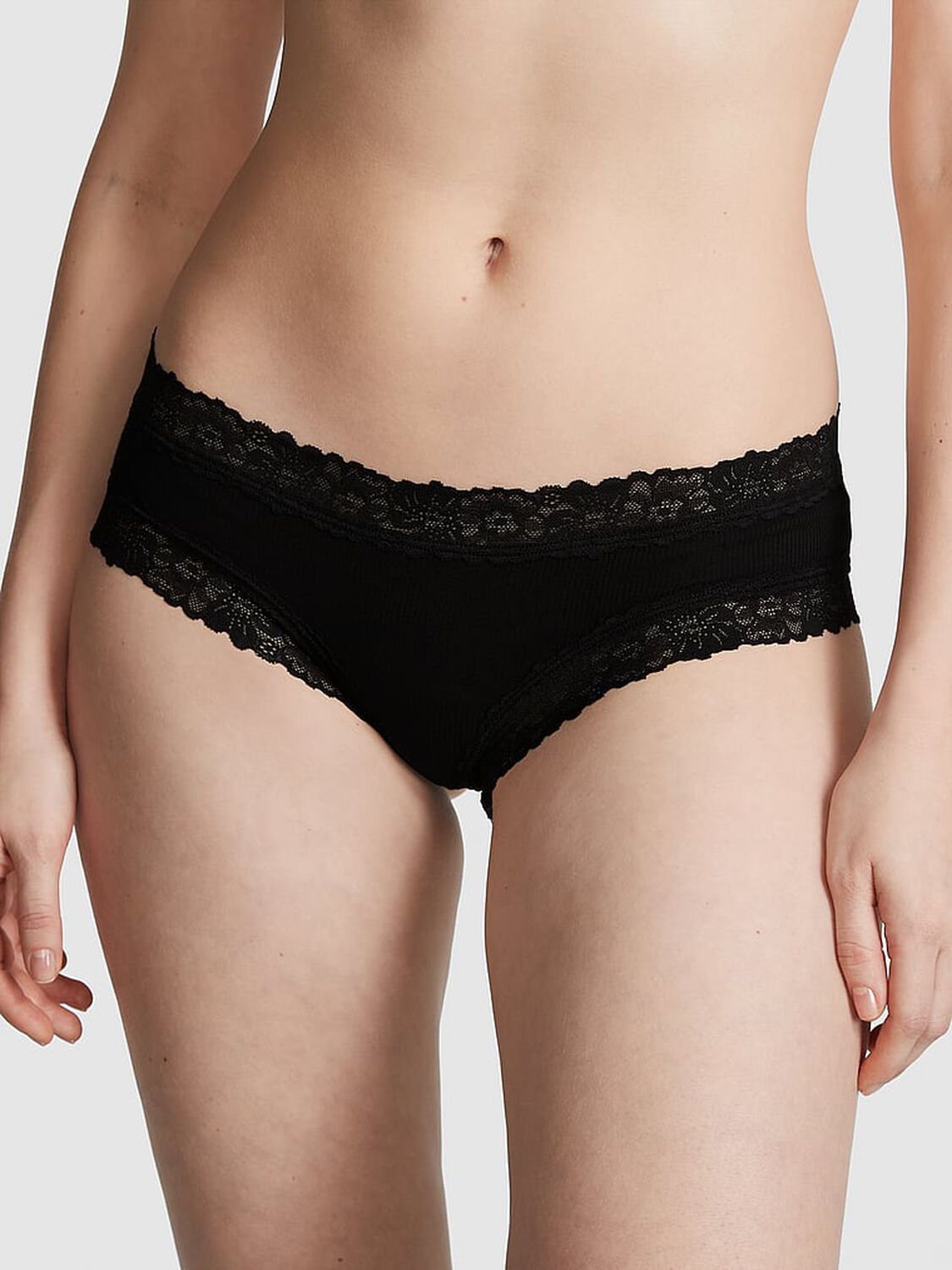 vs Pink Wink Lace-Trim Cheeky Panty Pure Black 1 of 3 