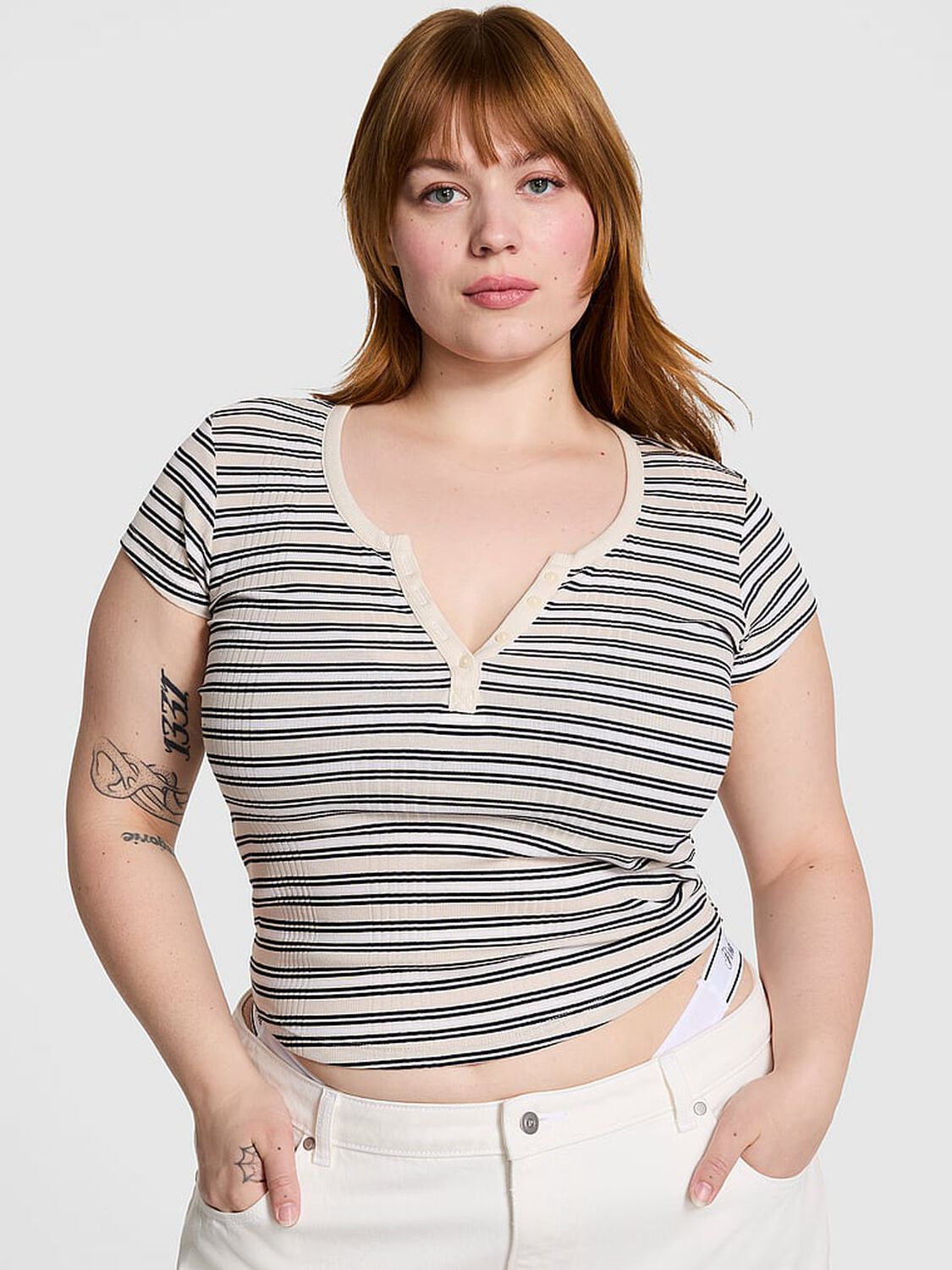 vs Pink Multi Rib Henley Tee White Shell Stripe 1 of 3 