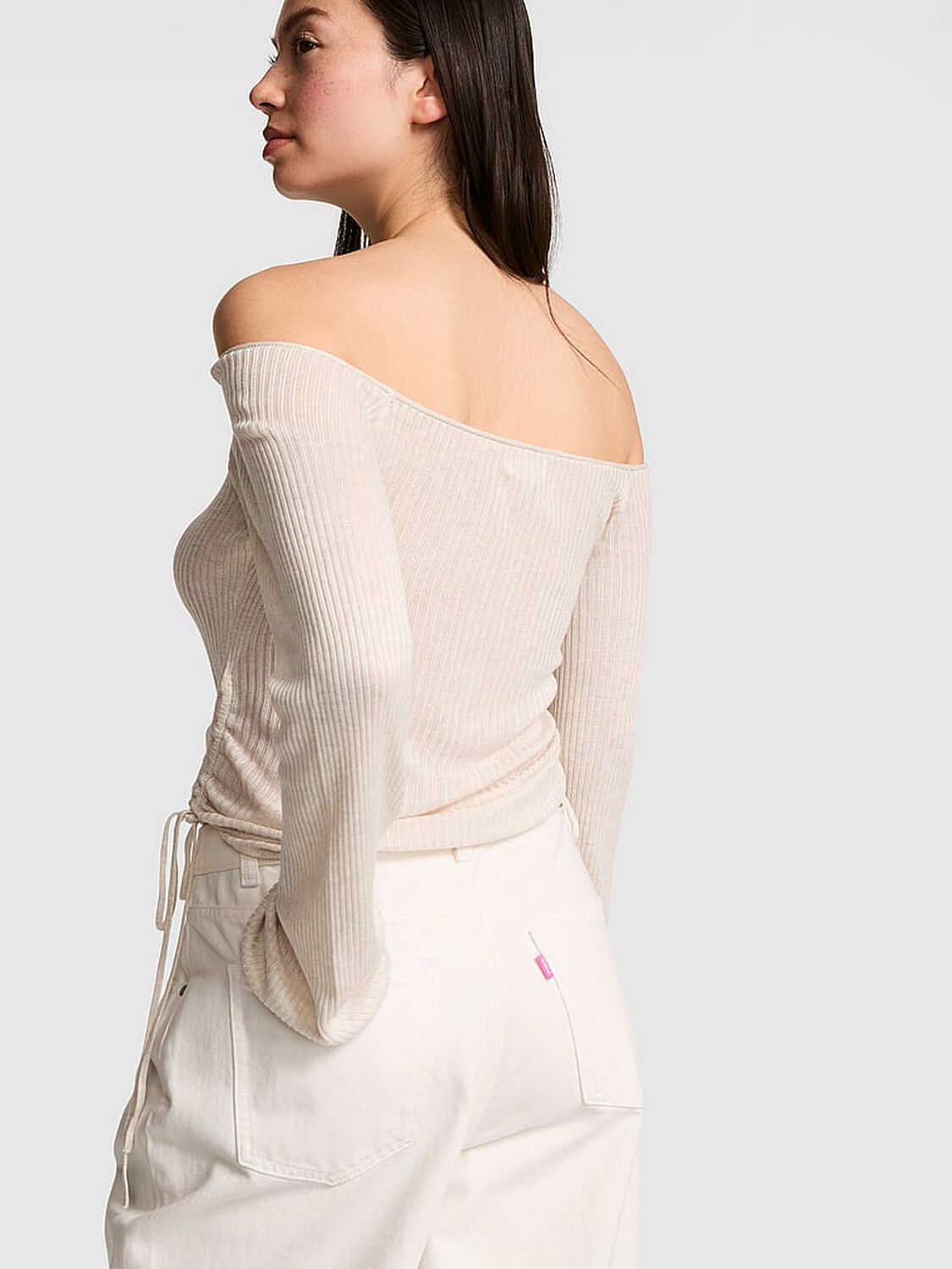 vs Pink Side-Ruched Oﬀ-The-Shoulder Sweater Vs Natural Heather 2 of 2 