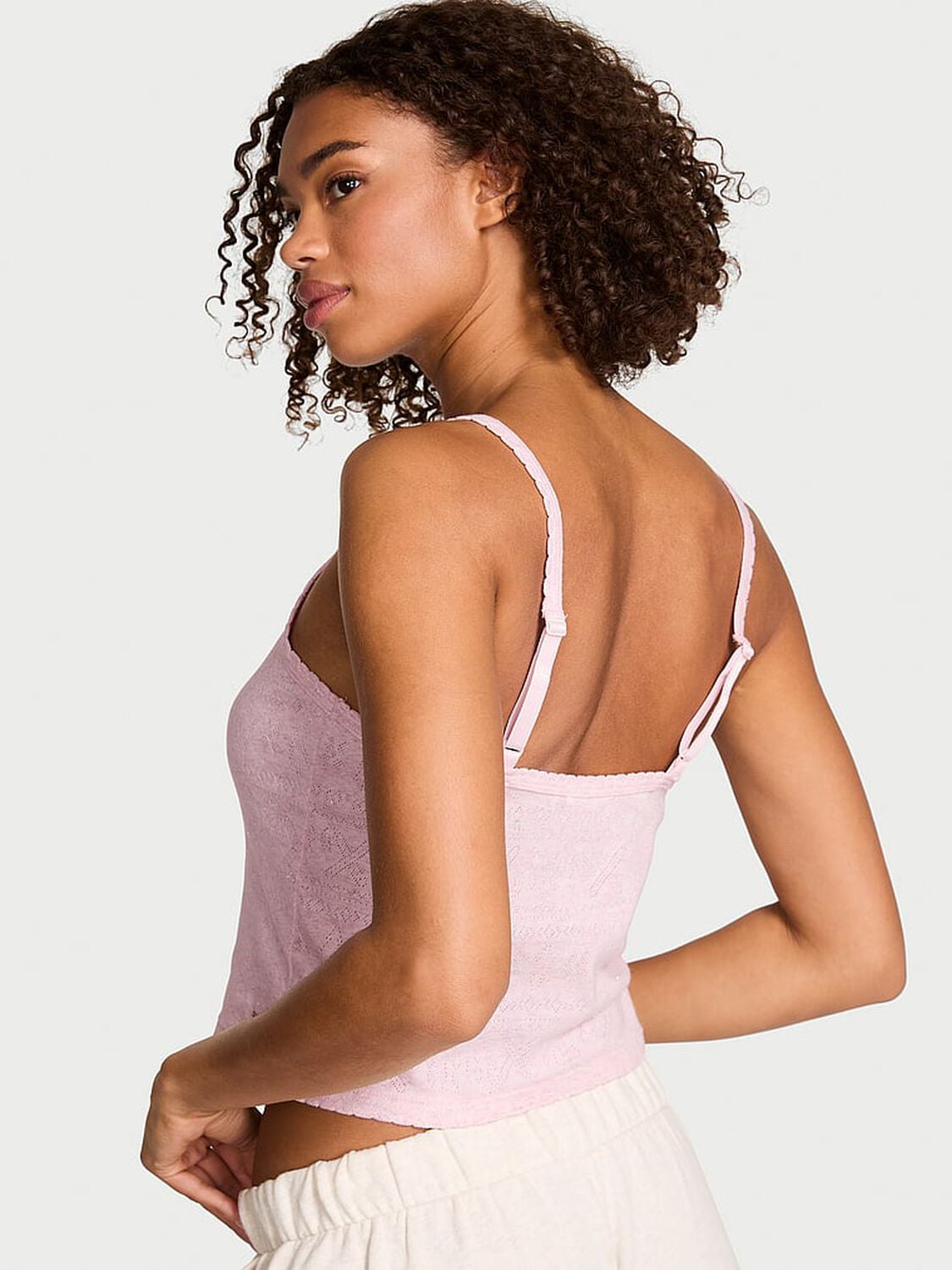 pink Pink Pointelle Henley Cami Heathered Pink Petal Woven Shine 2 of 2 