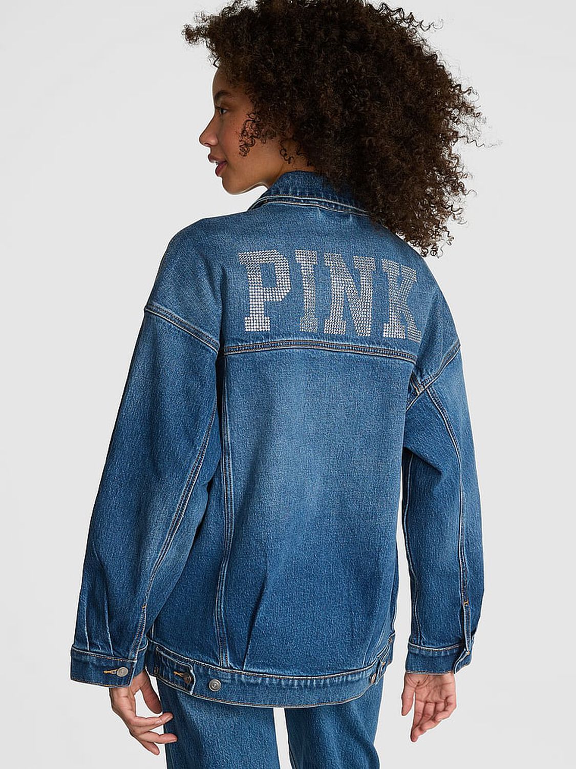 vs Pink Denim by PINK Oversized Trucker Jacket Limited Edition Medium Wash Bling 2 of 2 