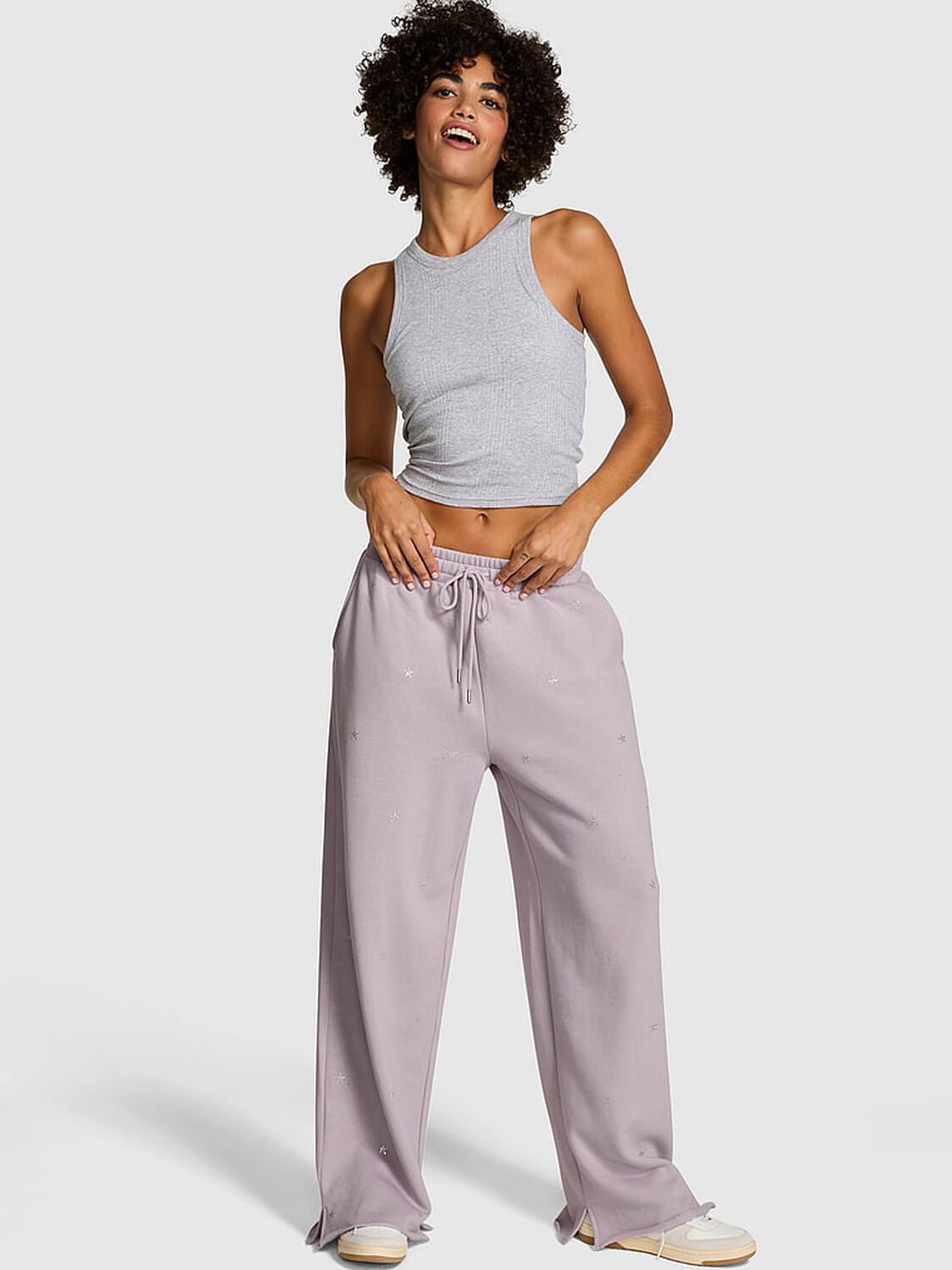 vs Pink Ivy Fleece Wide-Leg Split-Hem Sweatpants Spring Violet Ott Shine 1 of 2 