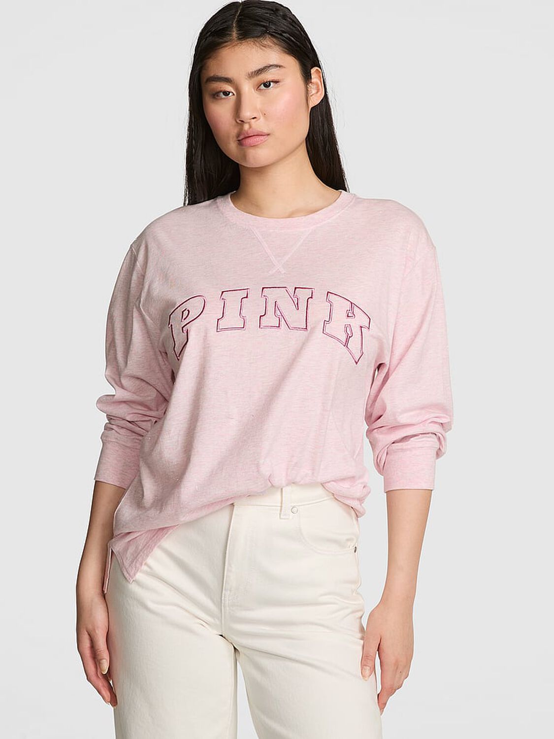 vs Pink Campus Cotton Long-Sleeve Tee Heathered Pink Petal Woven Shine 1 of 2 