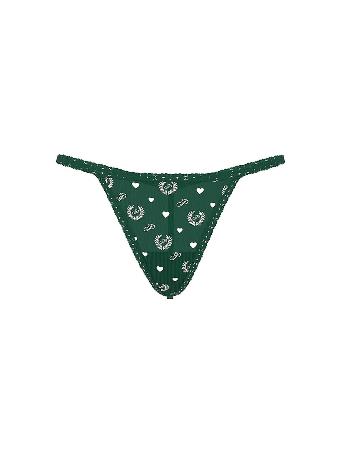 vs Pink Cotton V-String Panty Jaguar Green Laurel Heart Print 1 of 2 