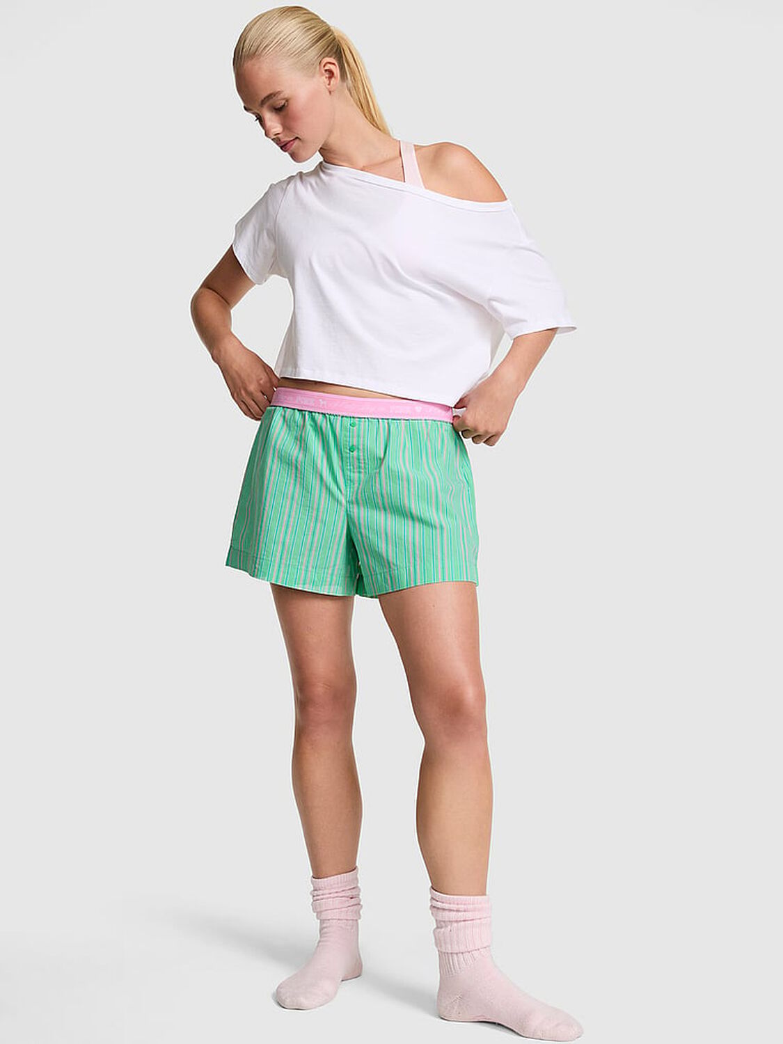 vs Pink Cotton Boxy Boyfriend Pajama Shorts Graphic Green Stripes 1 of 4 