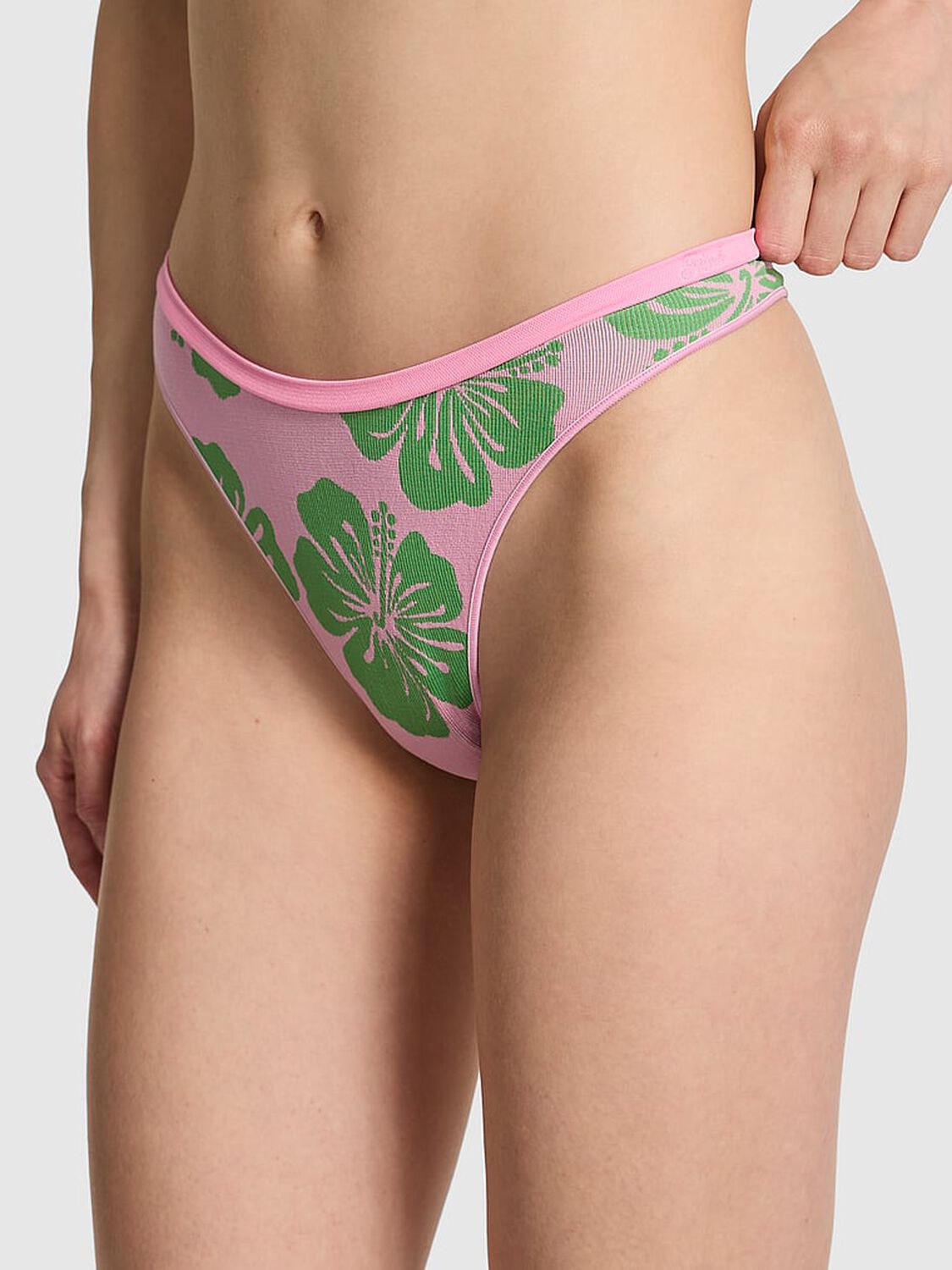 vs Pink Seamless High-Leg Thong Panty Pink Lollipop Hibiscus Print�� 1 of 3 