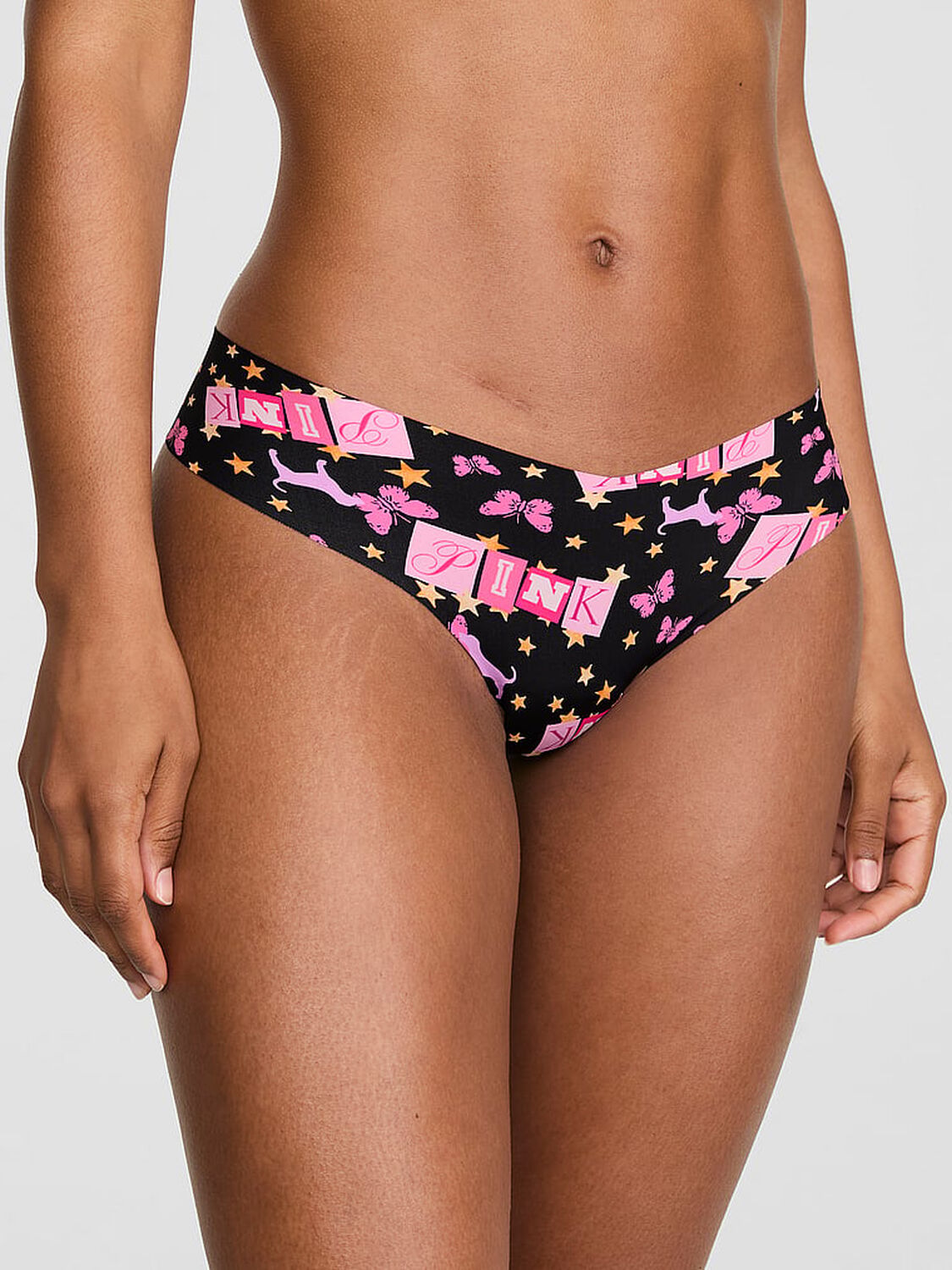 vs Pink No-Show Thong Panty Black Pink Butterfly Dog 1 of 3 