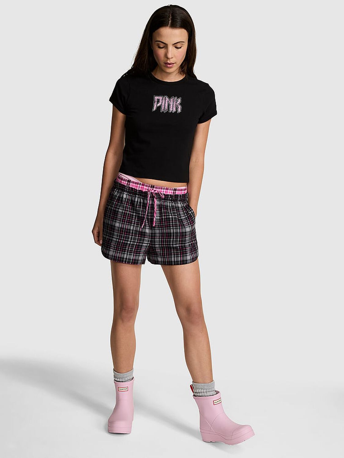 vs Pink Boyfriend Flannel Boxer Pajama Shorts Black Plaid 1 of 3 