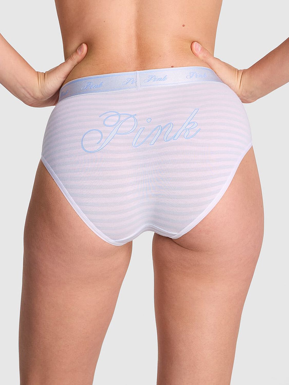 vs Pink Logo Cotton Hiphugger Panty Hydrangea Blue Stripe Script Pink Butt Graphic 2 of 3 
