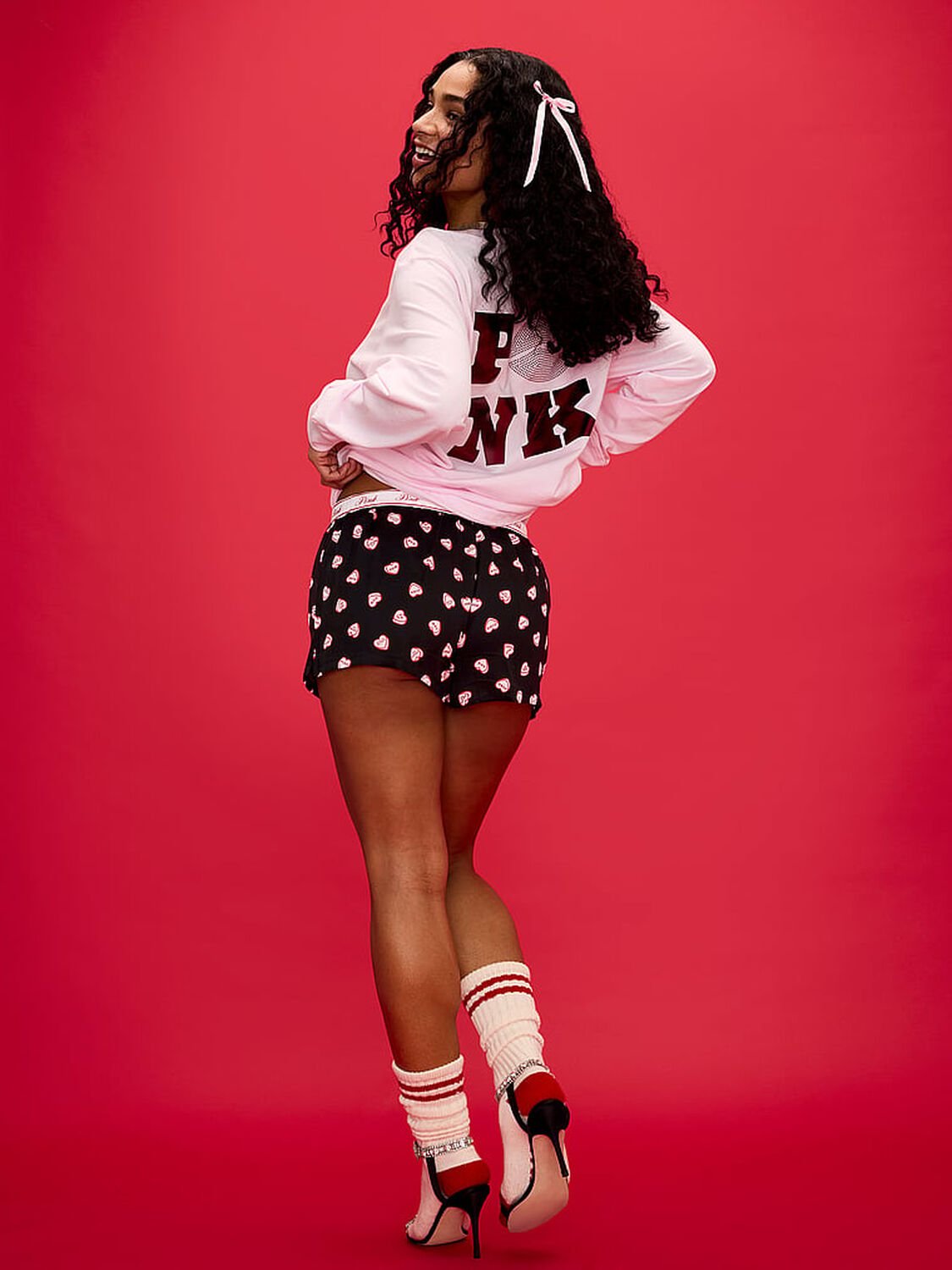 vs Pink Silky Sleep Boxy Pajama Shorts Black With Red Hearts 3 of 3 