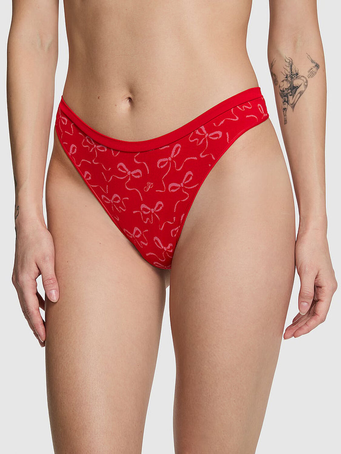 vs Pink Seamless High-Leg Thong Panty Bright Vermillion Bow Print 1 of 3 