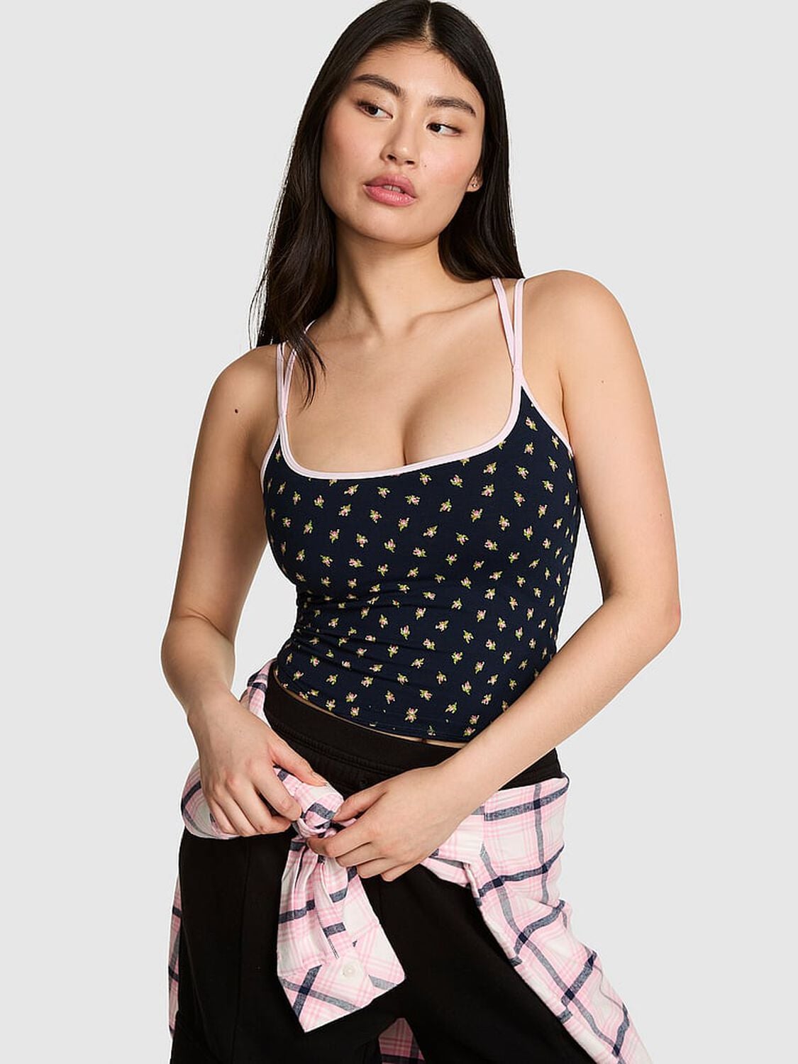 vs Pink All-Day Cotton&trade; Strappy Tank Top Noir Navy Floral 1 of 3 