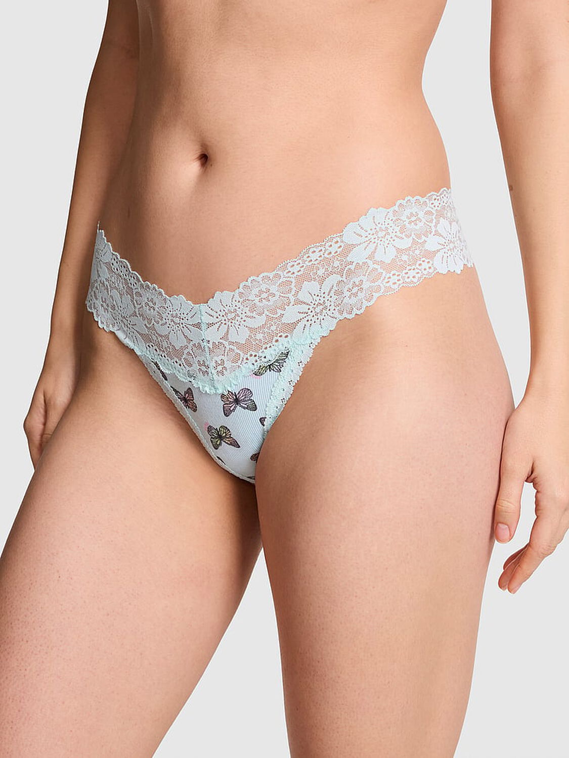 vs Pink PINK Wink&trade; Lace-Trim Thong Panty Blue Multicolor Butterfly 1 of 3 