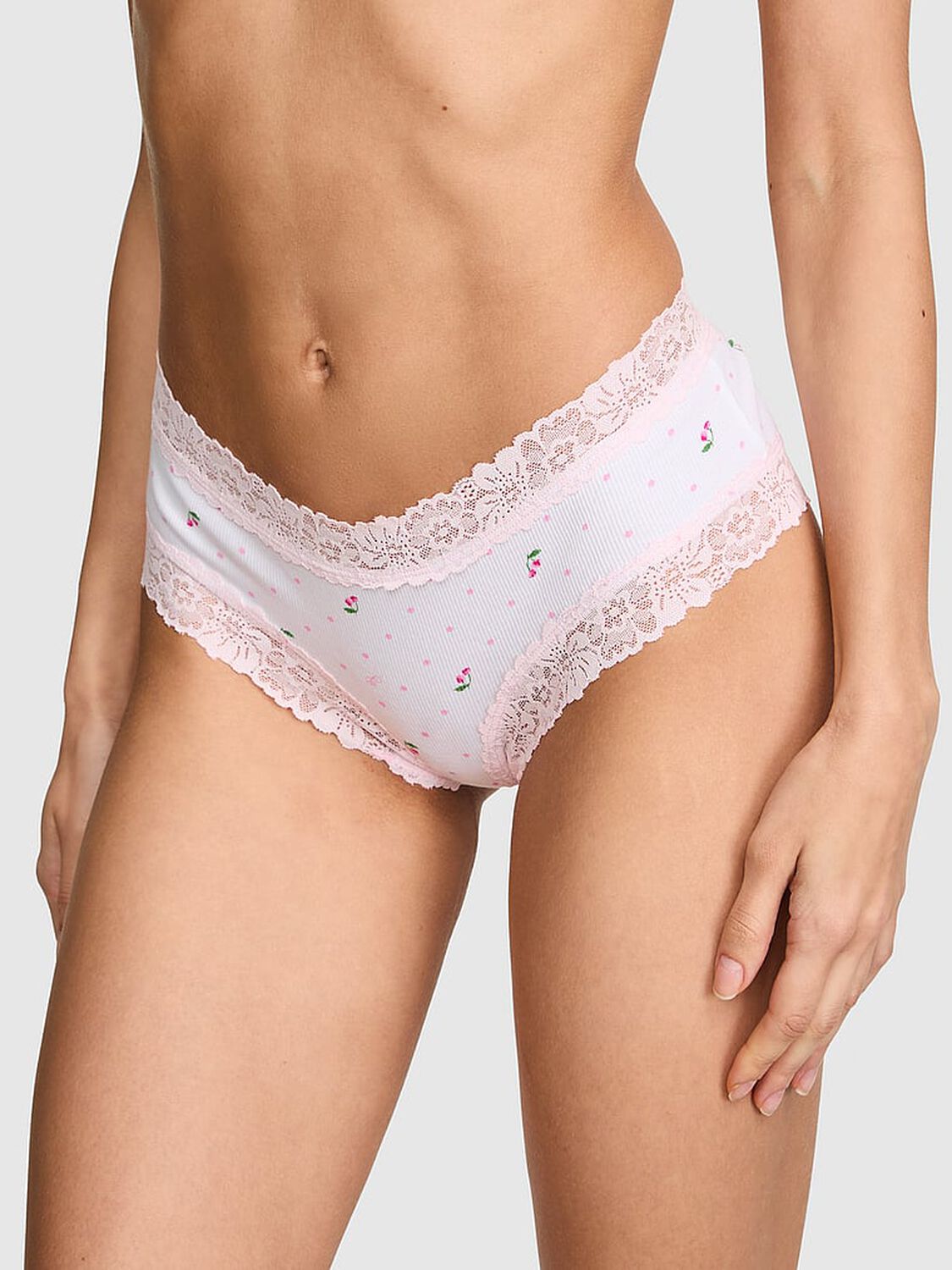 vs Pink PINK Wink&trade; Lace-Trim Cheeky Panty White Cherry Dot Print 1 of 3 