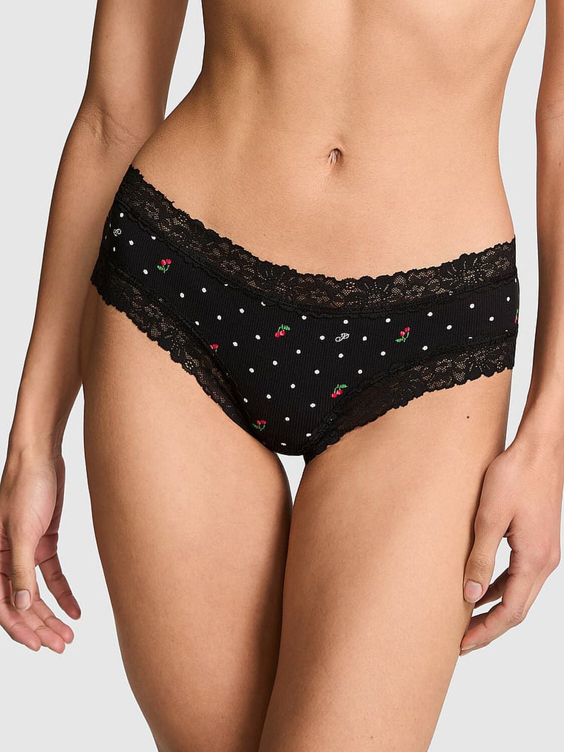 vs Pink Cotton Lace Trim Cheeky Panty Black Cherry Dot Print 1 of 3 