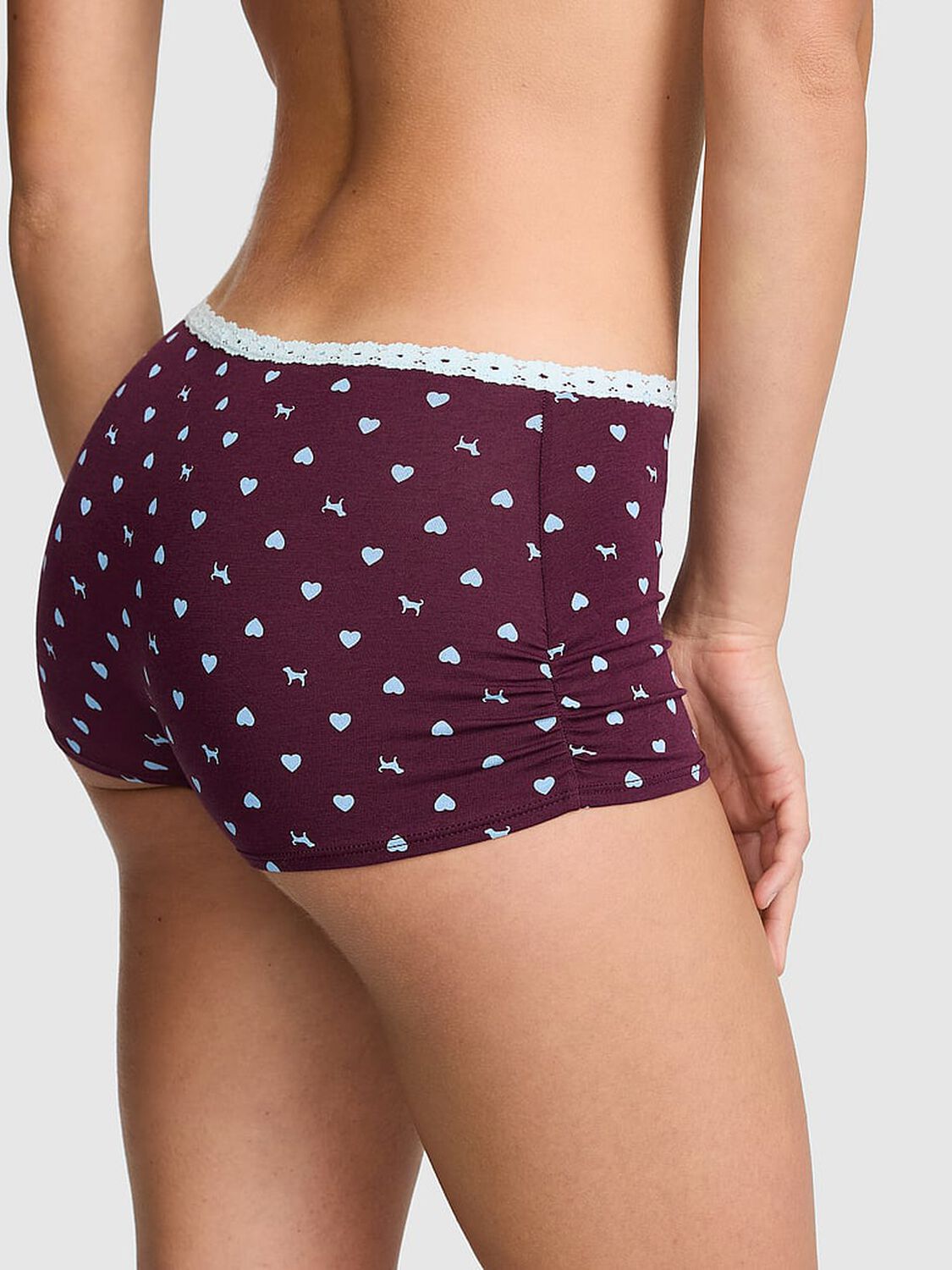 vs Pink Cotton Dorm Boyshort Panty Wild Rose Heart Dog With Blue Dancer Lace 2 of 3 