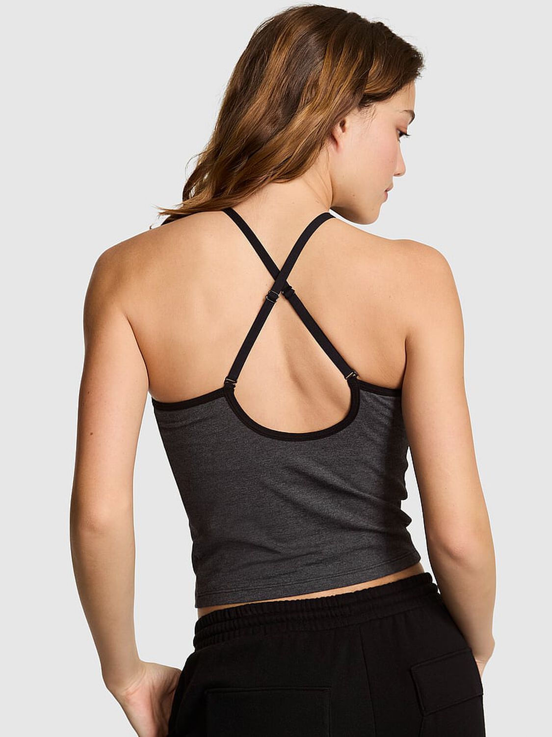 vs Pink All-Day Cotton High-Neck Bra Tank Charcoal Heather Grey Bling 2 of 3 