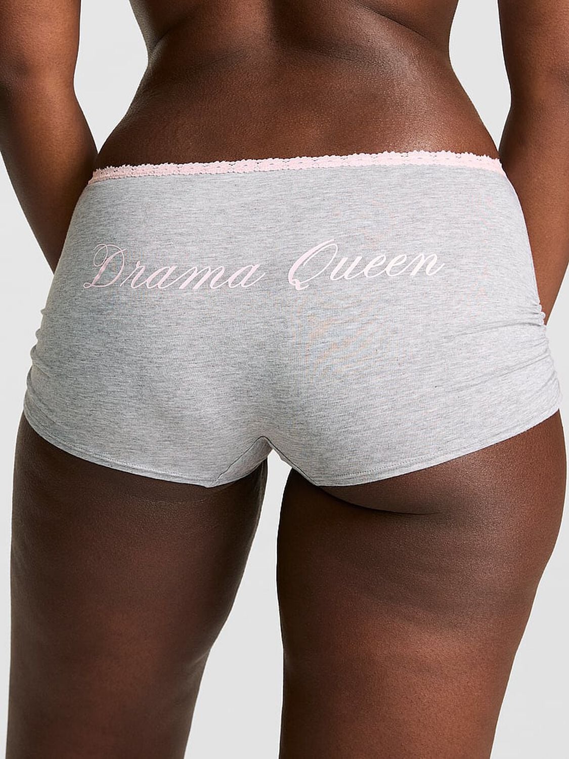 vs Pink Cotton Dorm Boyshort Panty Medium Heather Grey Pink Tulip Lace "Drama Queen" 2 of 4 