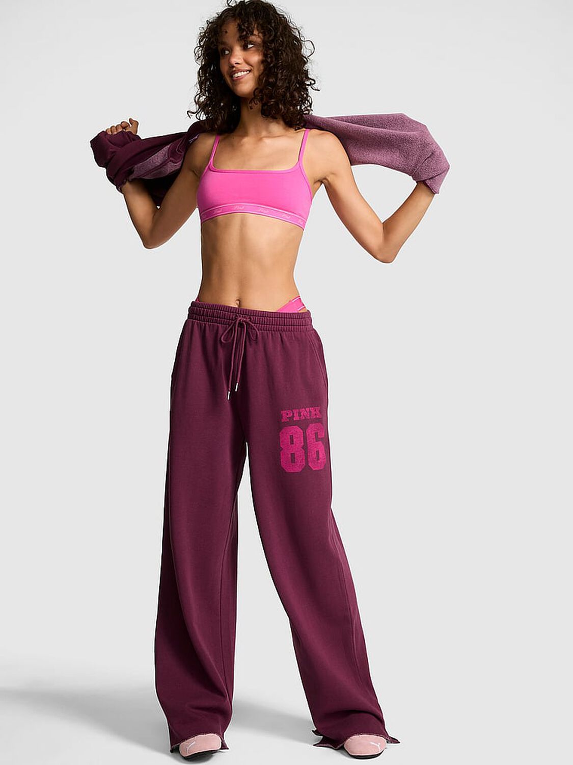 vs Pink Ivy Fleece Wide-Leg Split-Hem Sweatpants Wild Rose 1 of 3 