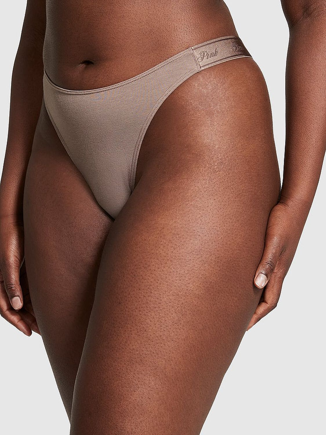 vs Pink Logo Cotton High-Leg Thong Panty Iced Coffee 1 of 3 