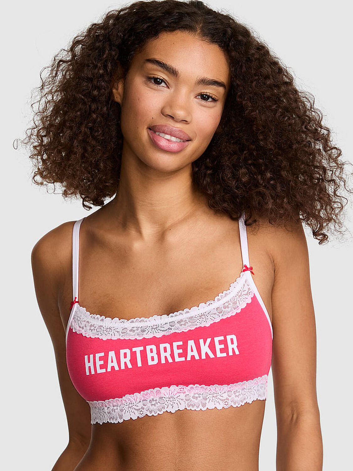 vs Pink Cotton Lace-Trim Scoop Bralette Candy Pink Heartbreaker 1 of 2 