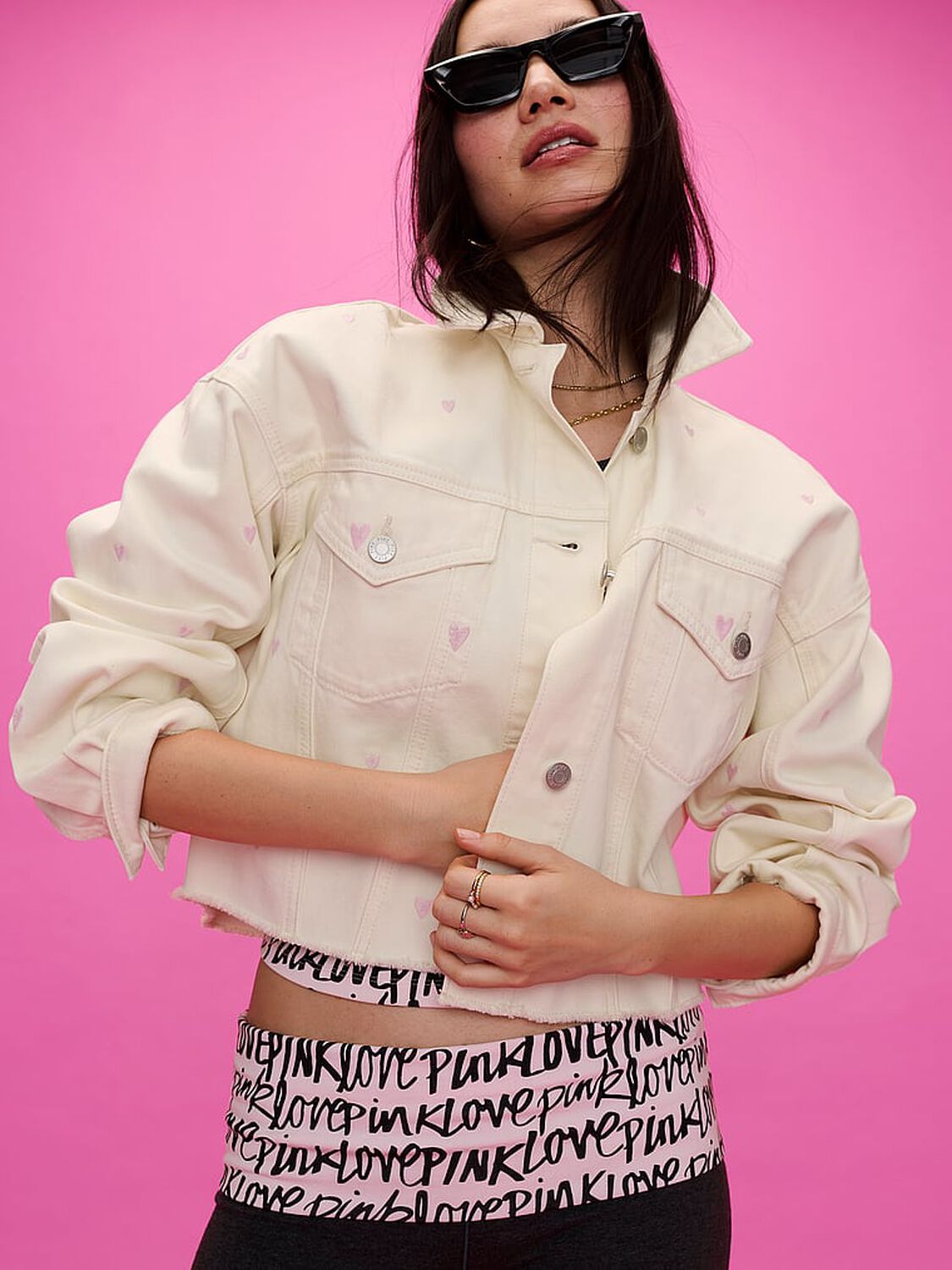 vs Pink Denim by PINK Cutoff Shacket Winter White Hearts 3 of 3 
