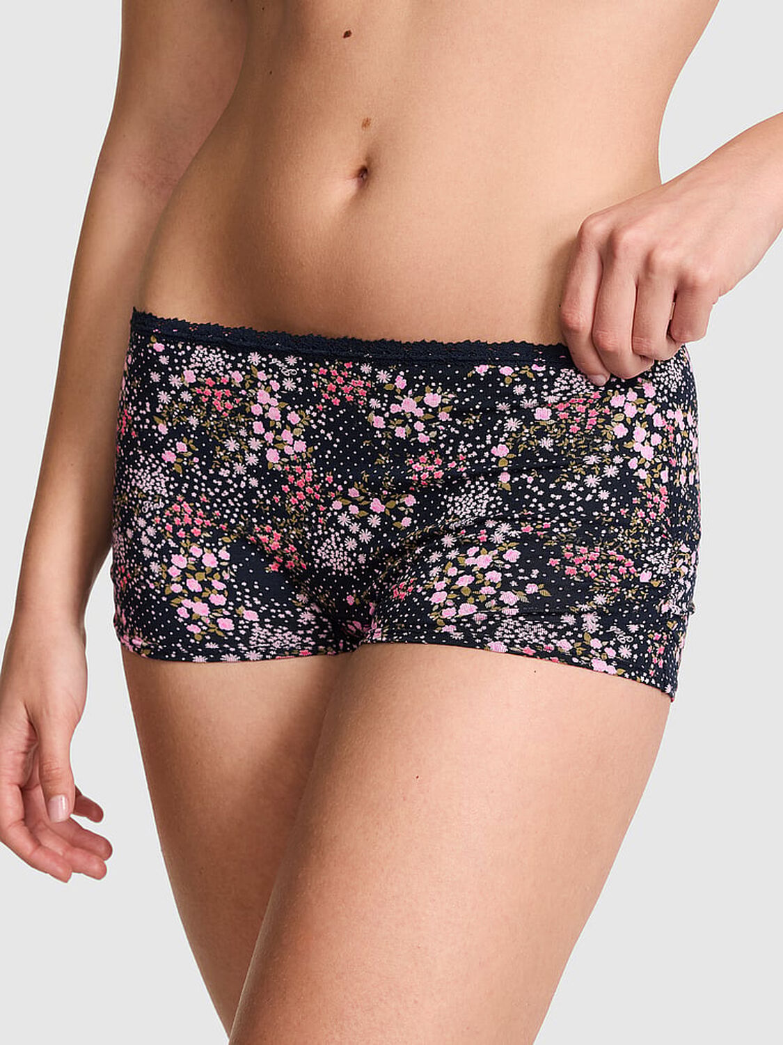 vs Pink Cotton Dorm Boyshort Panty Noir Navy Floral Print 1 of 3 