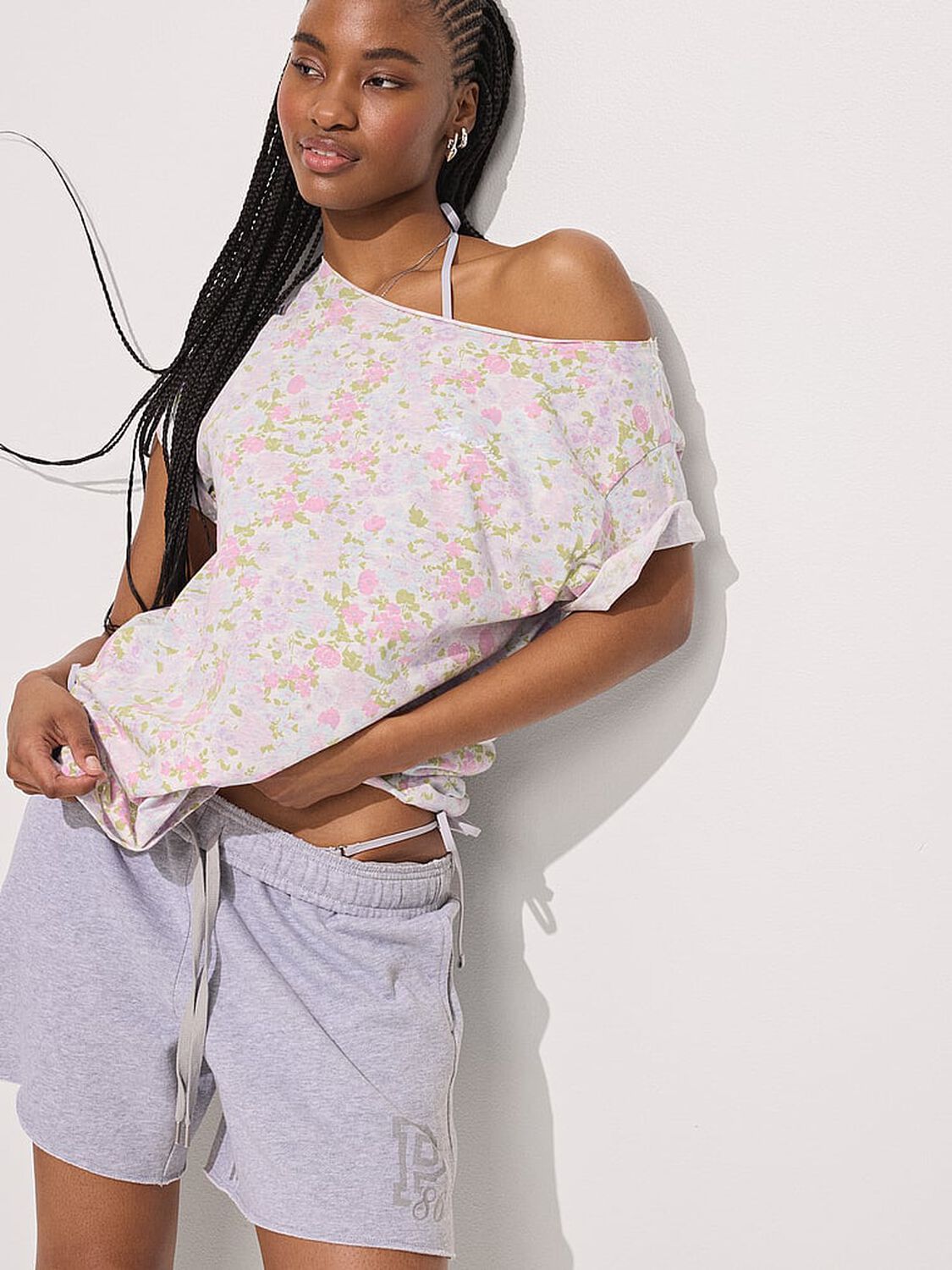 vs Pink Campus Cotton&trade; Off-The-Shoulder Tee Snow Heather Floral 4 of 4 