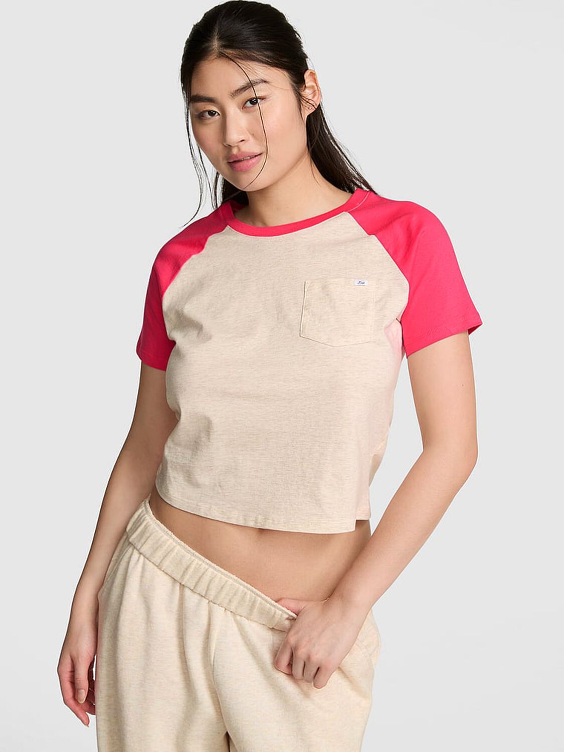 vs Pink Cotton Raglan Sleep Tee Heather Grey With Candy Pink 1 of 3 
