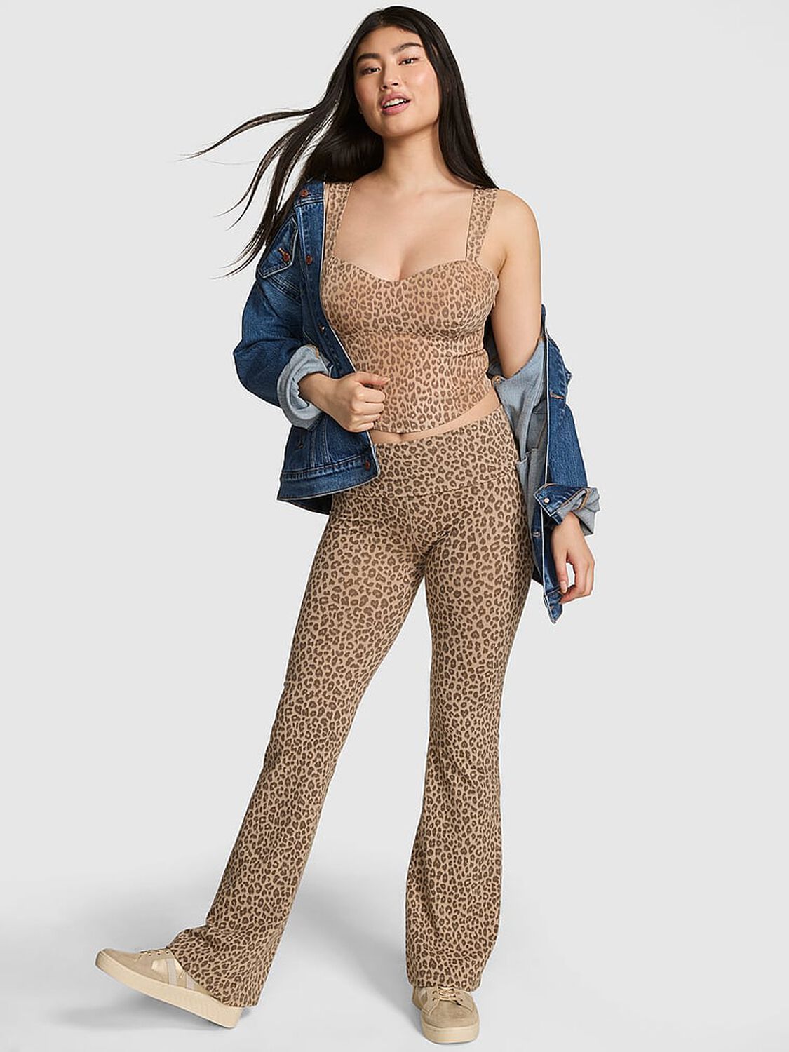 vs Pink All-Day Cotton Foldover Flare Leggings Natural Leopard Foil 1 of 3 