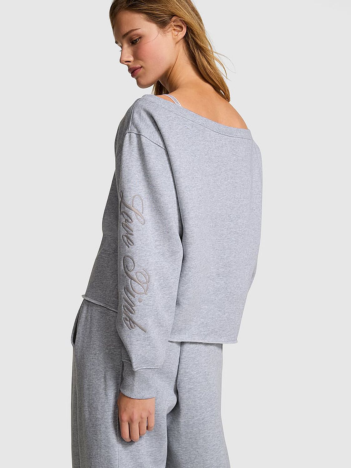 vs Pink Campus Fleece&trade; Rib Off-The-Shoulder Sweatshirt Medium Heather Grey Spring 2 of 2 