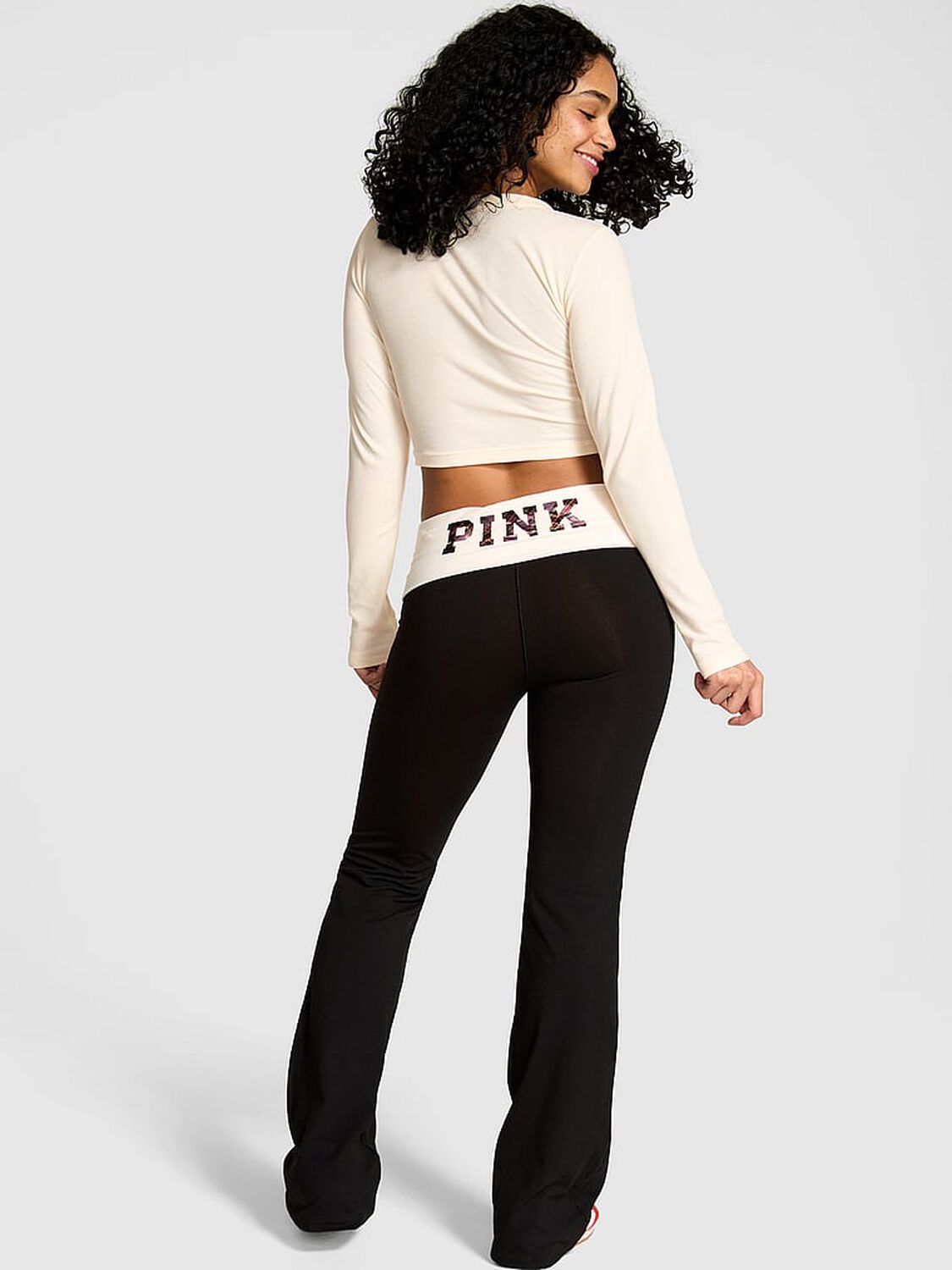 vs Pink All-Day Cotton Foldover Flare Leggings Pure Black Winter White Foil Santas Fave 2 of 3 