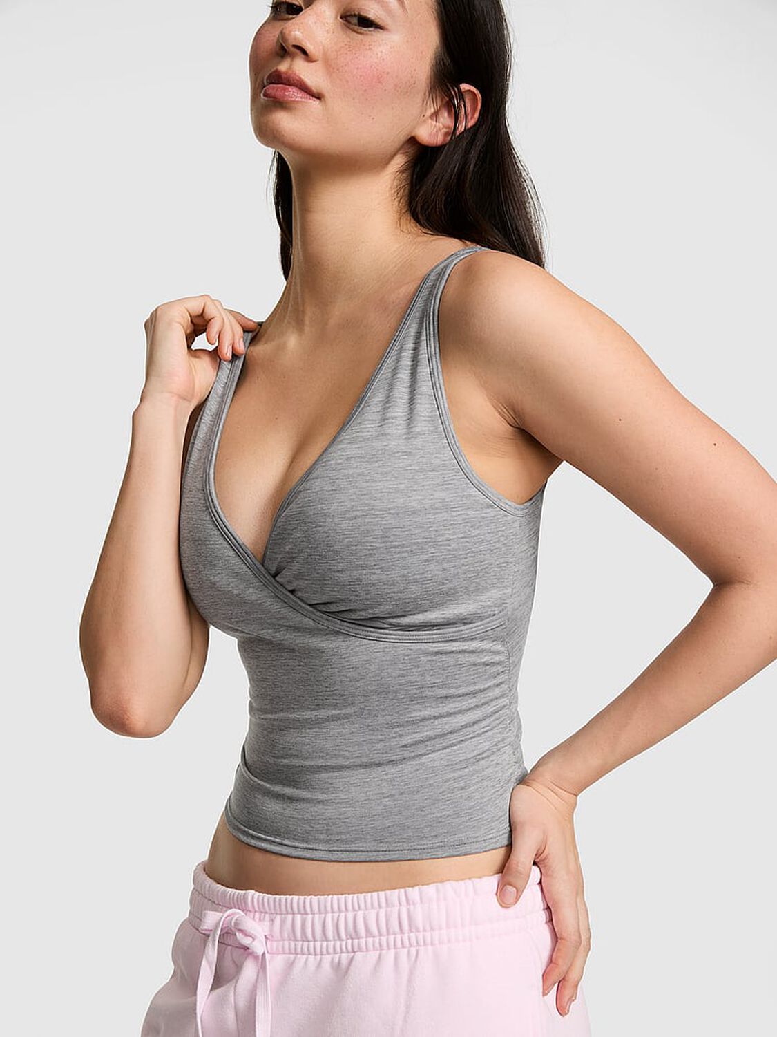 vs Pink PINK Relay&trade; Ruched Wrap Bra Tank Night Owl Grey 1 of 3 